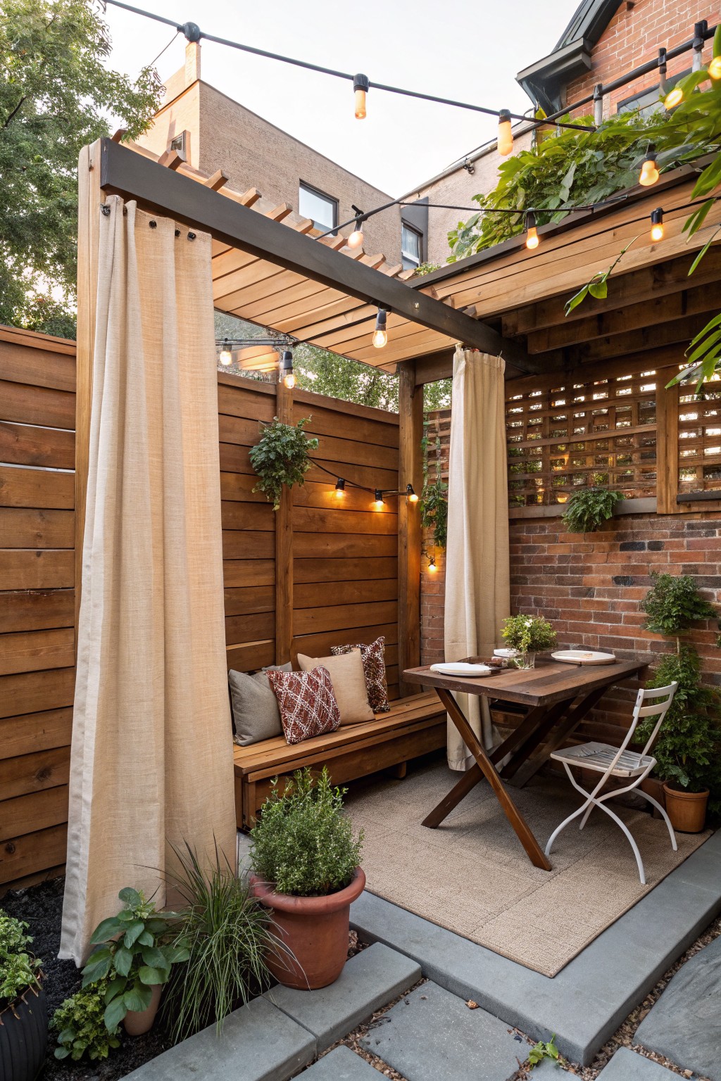 A backyard patio with a wooden pergola, beige fabric curtains hanging on both sides, a built-in bench with pillows, a wooden dining table, string lights, and potted plants.