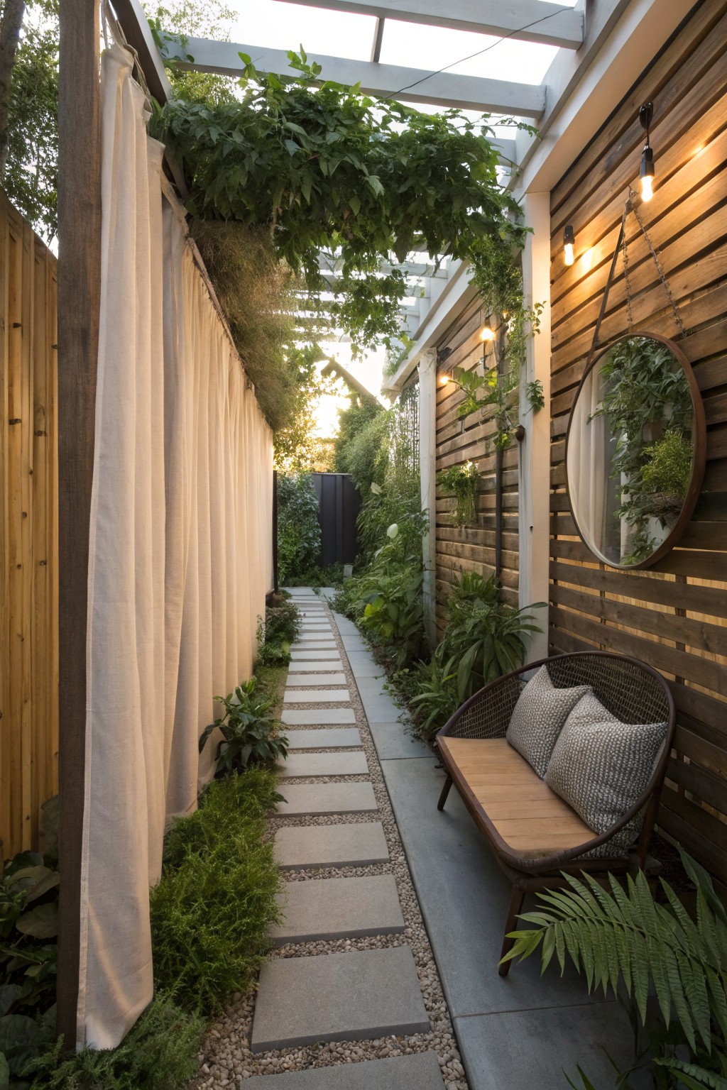 A narrow garden pathway with white fabric curtains hanging along the left side, wooden slat wall on the right, and plants growing overhead and along the edges.