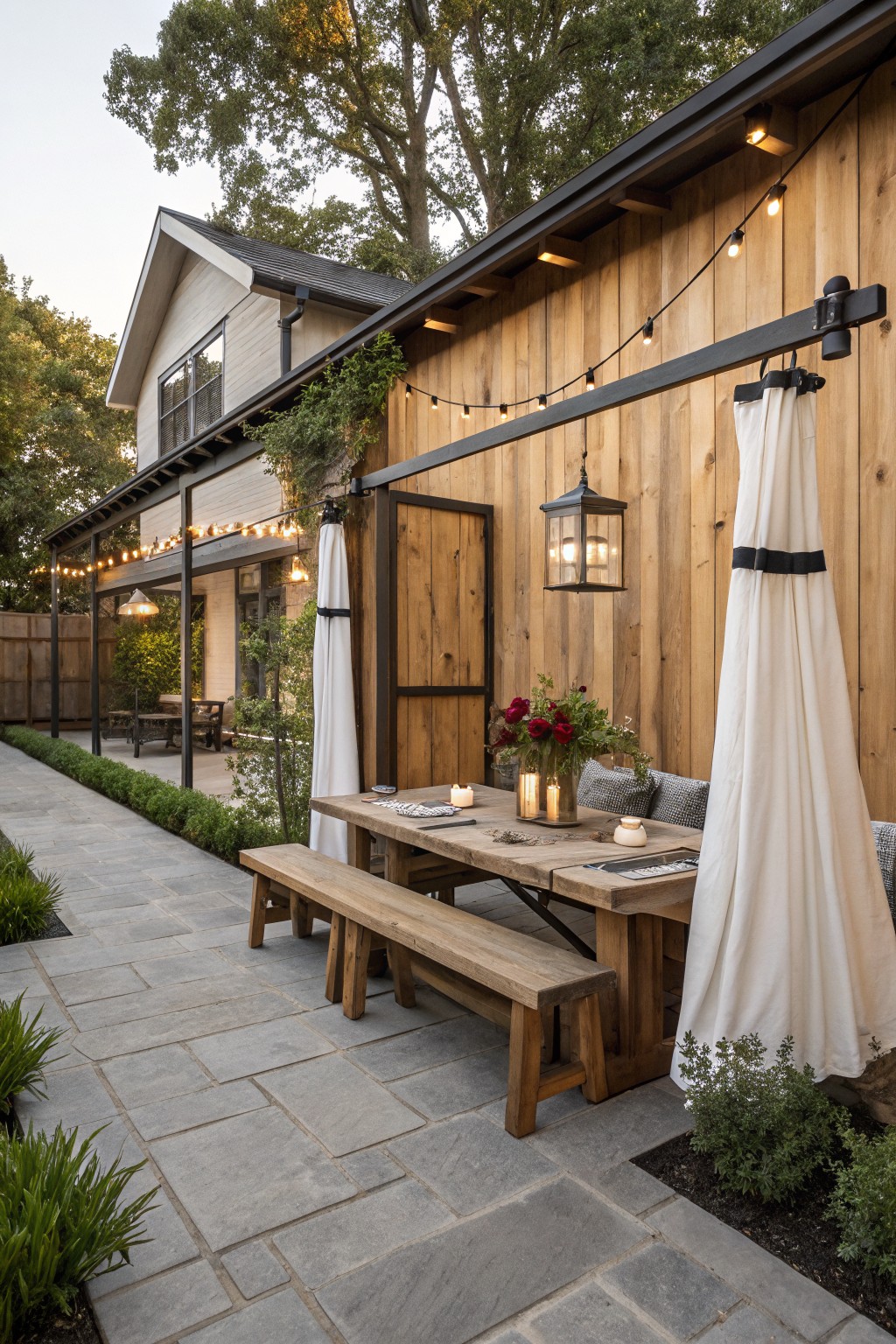 Rustic wooden patio with dining table, string lights, white curtains, and lanterns