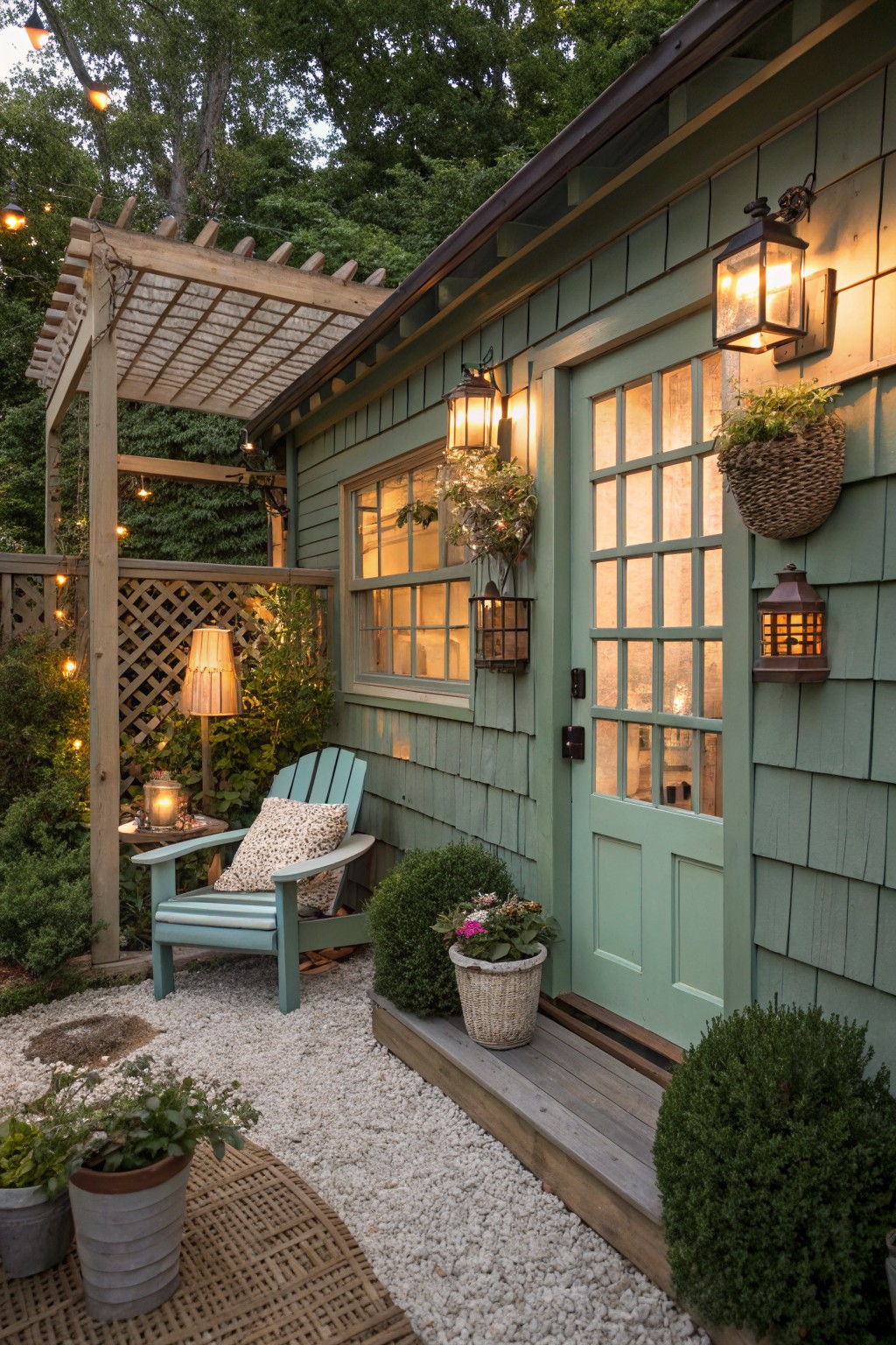A backyard patio scene with a light blue wooden chair under a pergola beside a green shingled house, featuring a lattice fence, string lights, potted plants, and gravel ground.