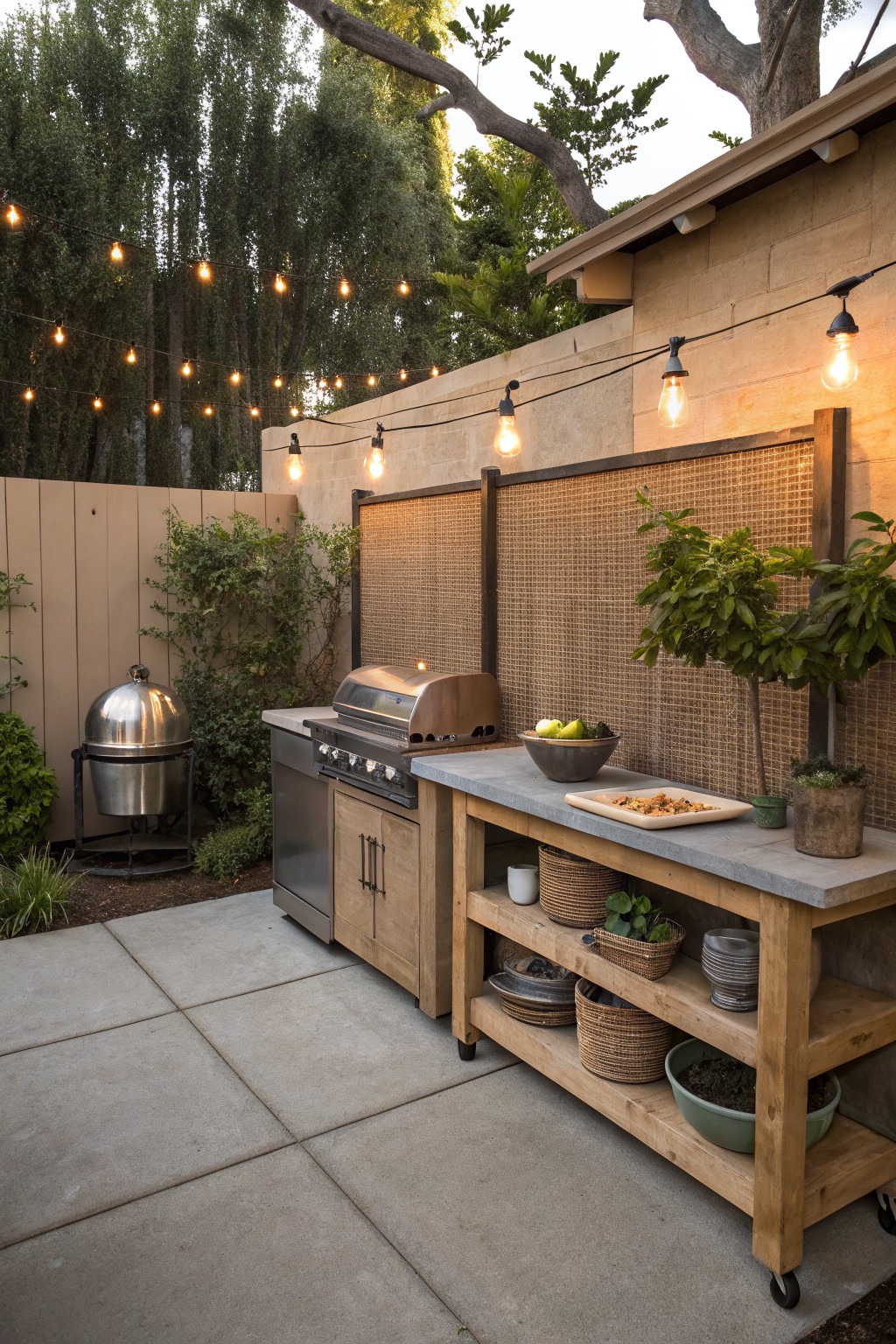 Outdoor kitchen with wooden counter, grill, and woven reed privacy panels mounted on a concrete block wall.
