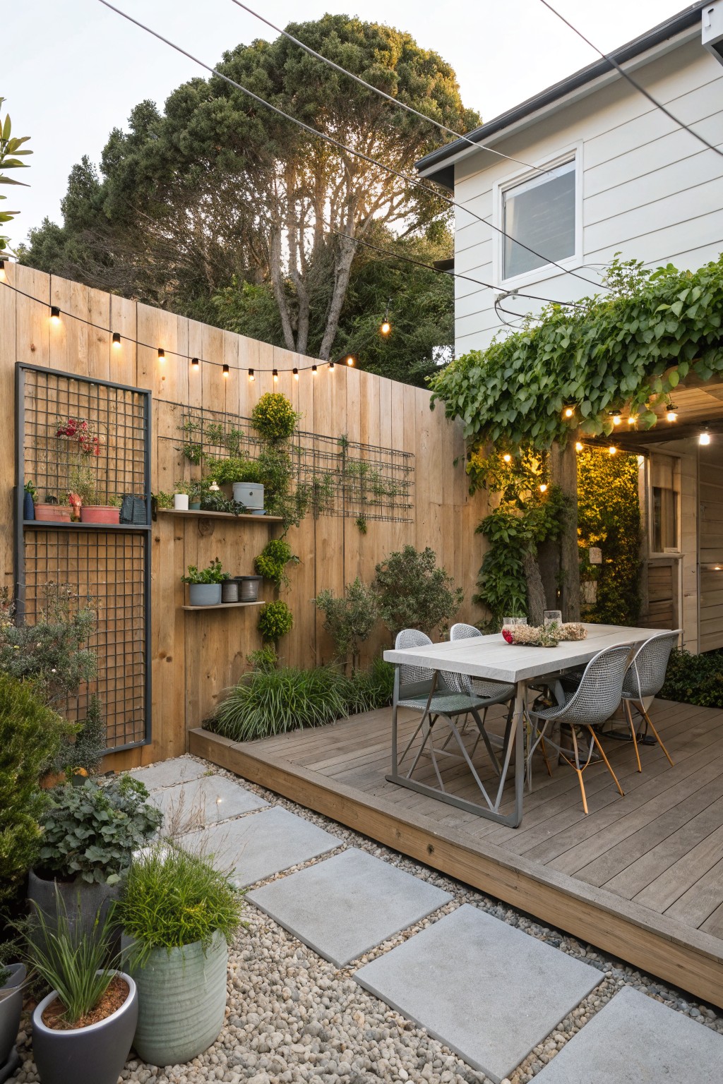 A wooden backyard fence fitted with black wire trellis panels holding potted plants and climbing greenery, next to a deck with a dining table and chairs.