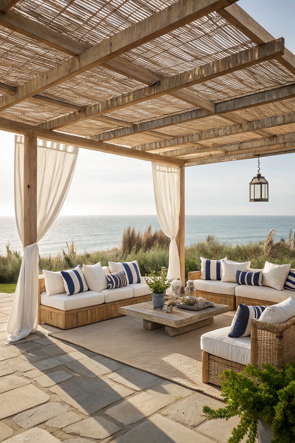 Coastal patio with blue-striped cushions under wooden pergola overlooking ocean