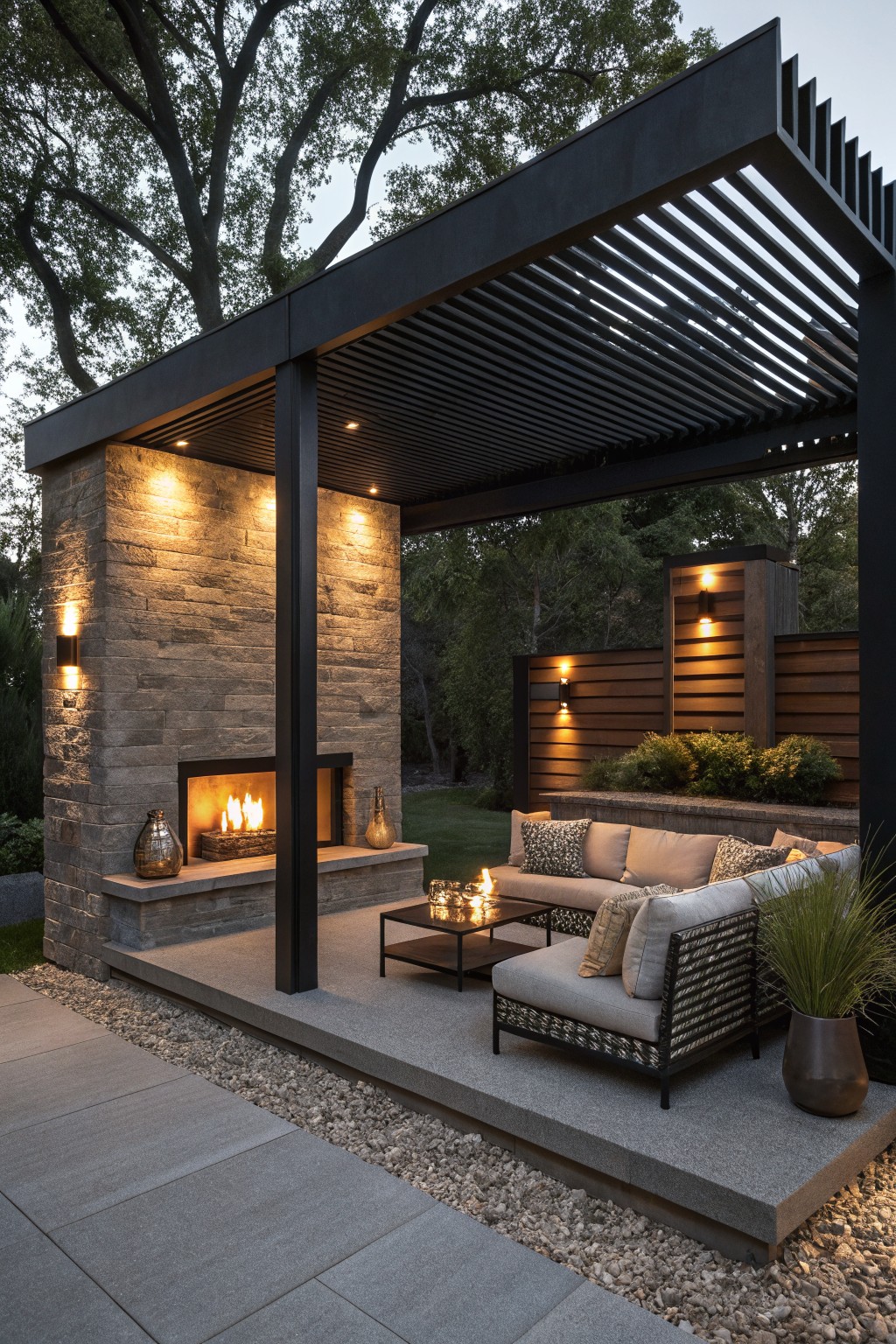 A modern backyard pergola with a stone fireplace wall, outdoor sectional seating, and a coffee table fire feature.