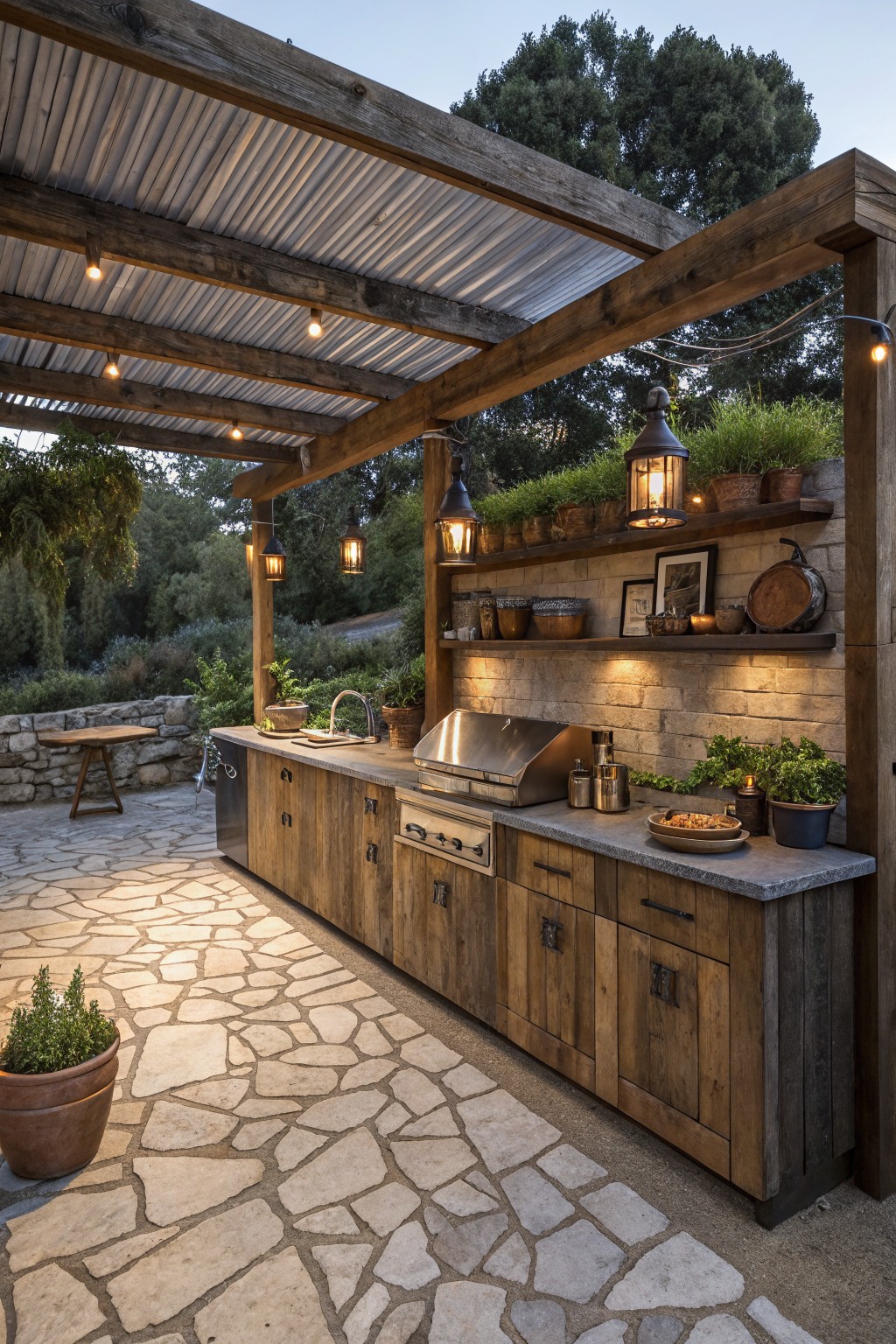 An outdoor kitchen with wooden cabinets, a stainless steel grill, and a sink sits under a wooden pergola with a corrugated metal roof on a stone patio.