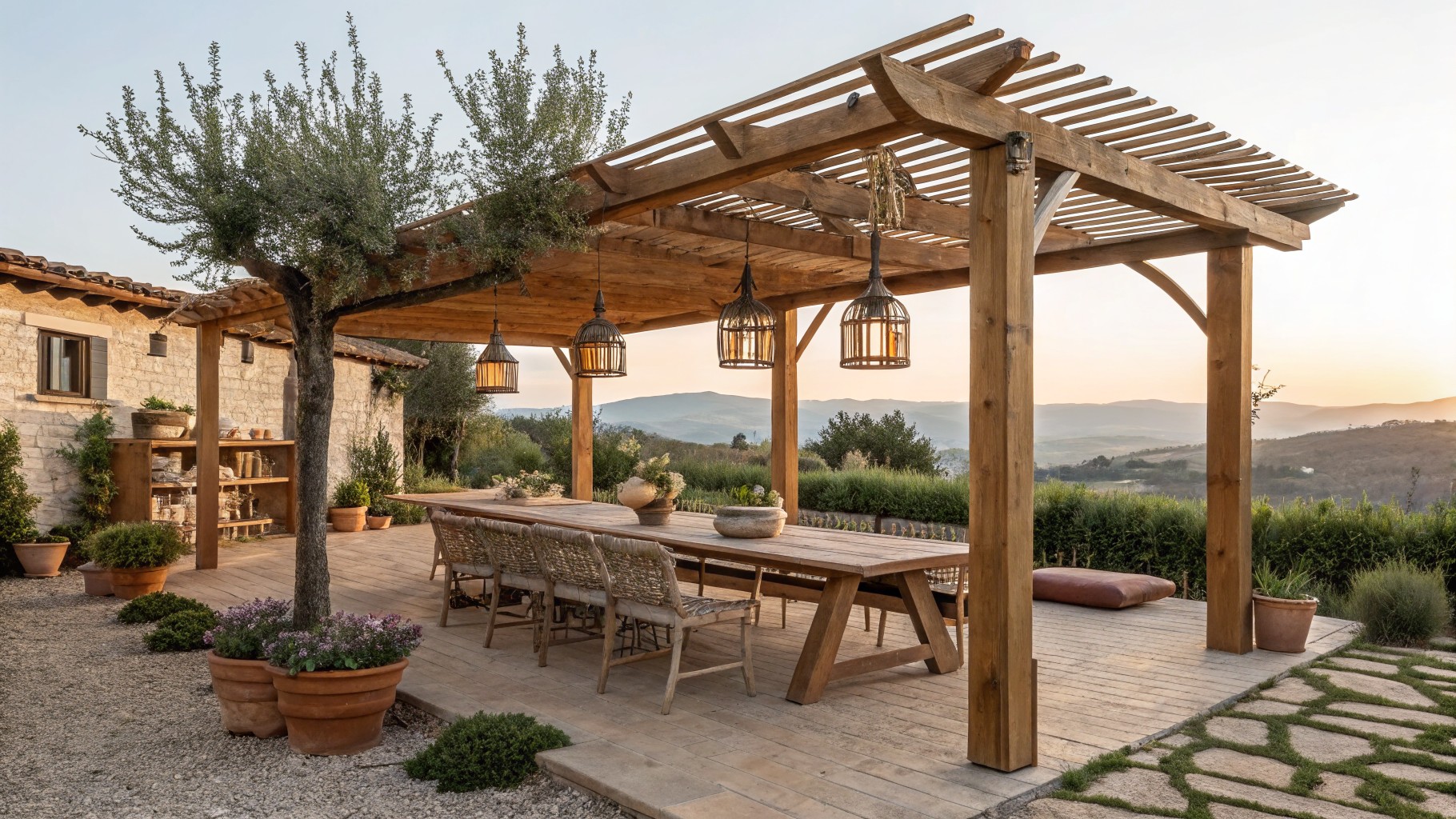 A large wooden pergola with hanging lanterns covers a long dining table and woven chairs on a stone and gravel patio overlooking hills and trees.