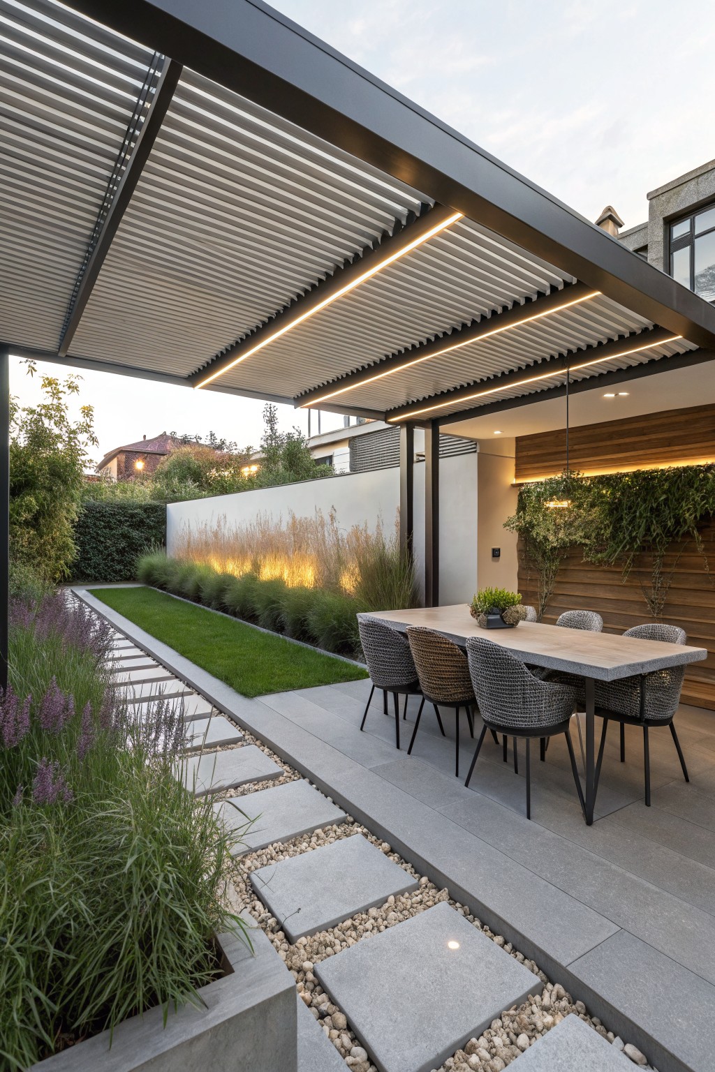 A modern metal pergola with integrated linear LED lighting covers an outdoor dining table and woven chairs on a concrete patio beside a garden path with stepping stones.
