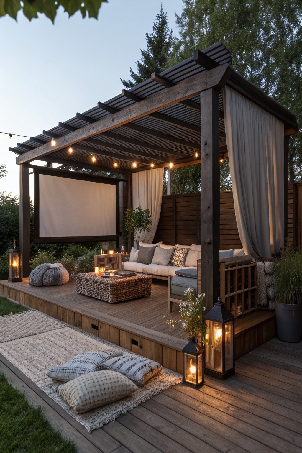 Cozy wooden deck with pergola, projector screen, string lights, sofa, and lanterns at dusk.