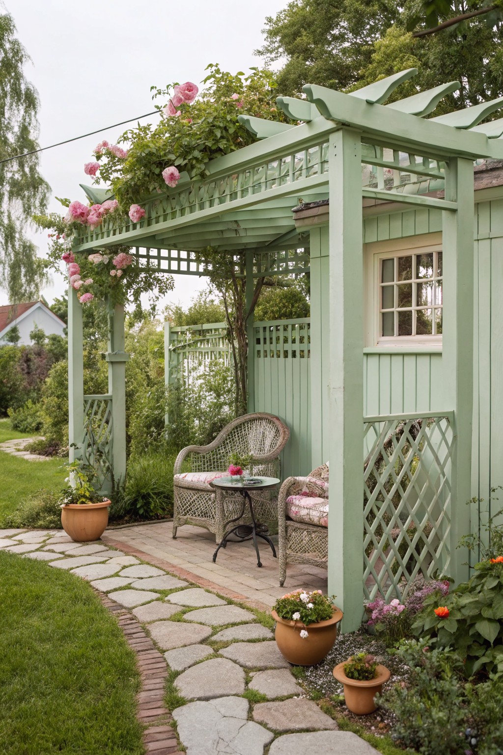 A light green wooden pergola covers a small brick patio with two wicker chairs and a round table, pink roses climbing across the top, and a stone path leading to it.