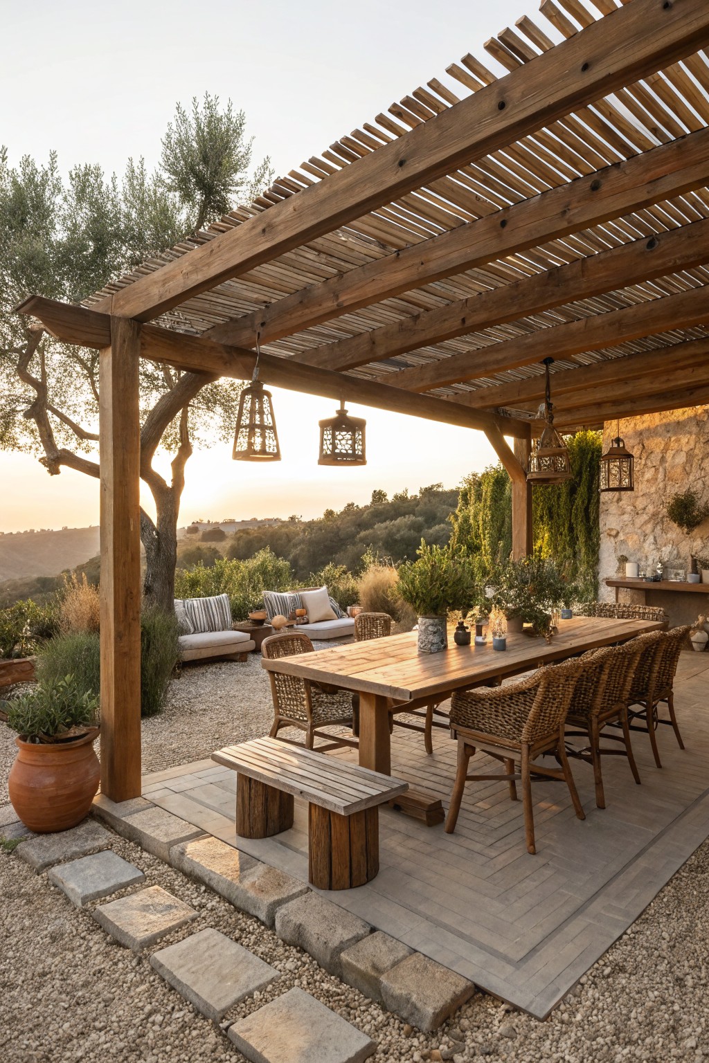A large wooden pergola with hanging lanterns covers a long dining table and woven chairs on a stone and gravel patio overlooking hills and trees.