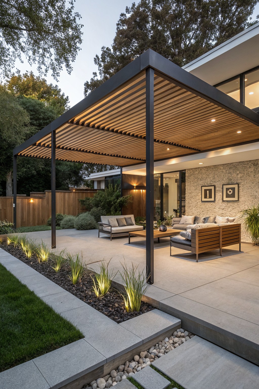 Modern patio under lit wooden pergola with lounge seating and glowing plants.