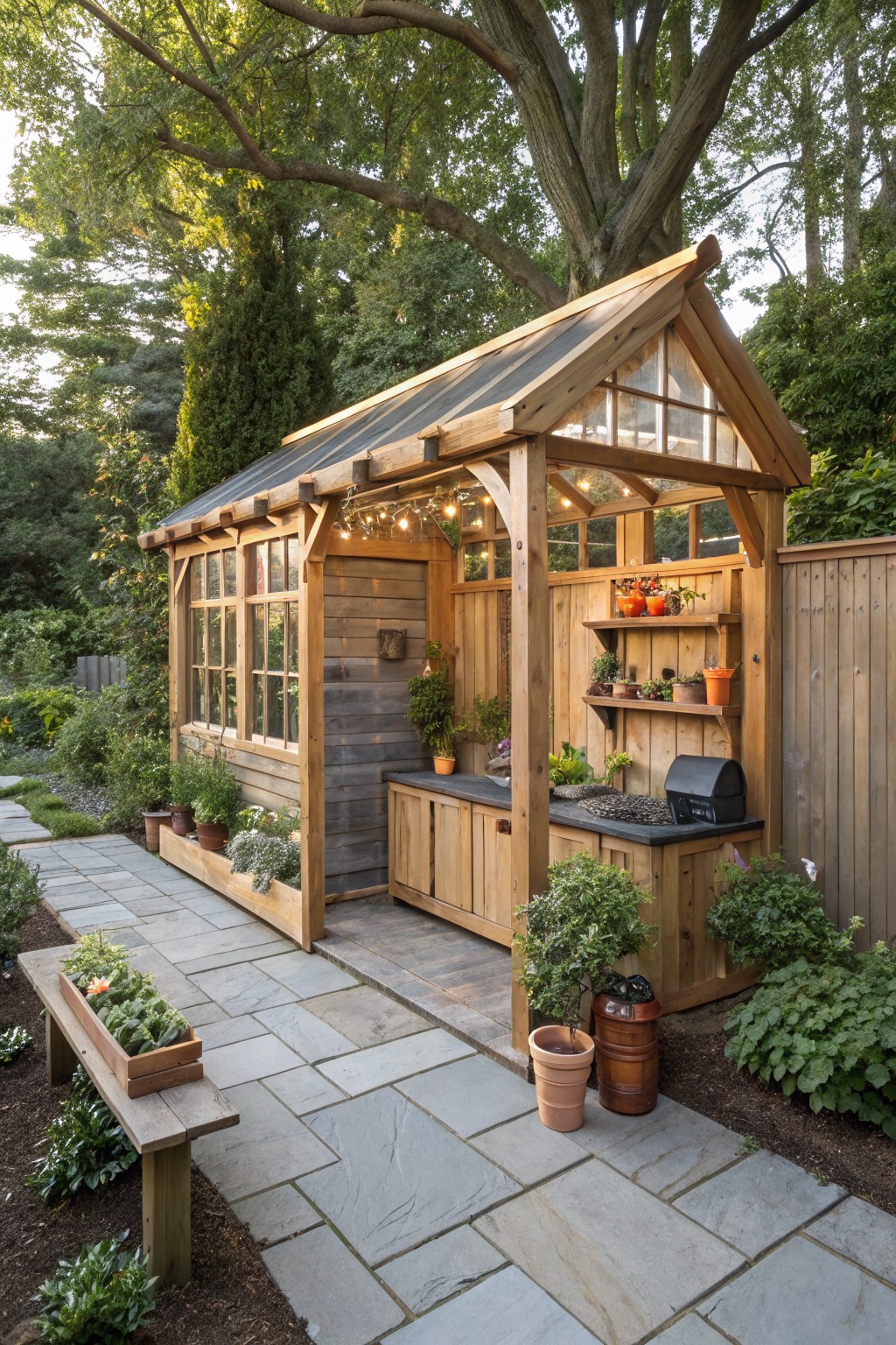 A wooden pergola in a backyard with a long counter, black grill, and shelves holding potted plants along one side, set on a stone patio.