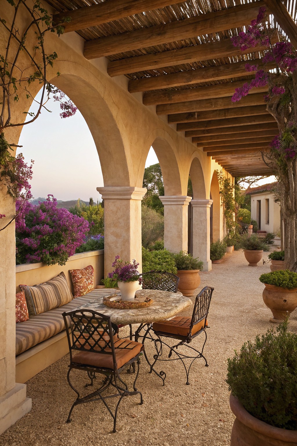 A covered outdoor seating area with stone arches, wooden ceiling beams, a round table with two chairs, a built-in bench with cushions, and large terracotta pots along a gravel path.