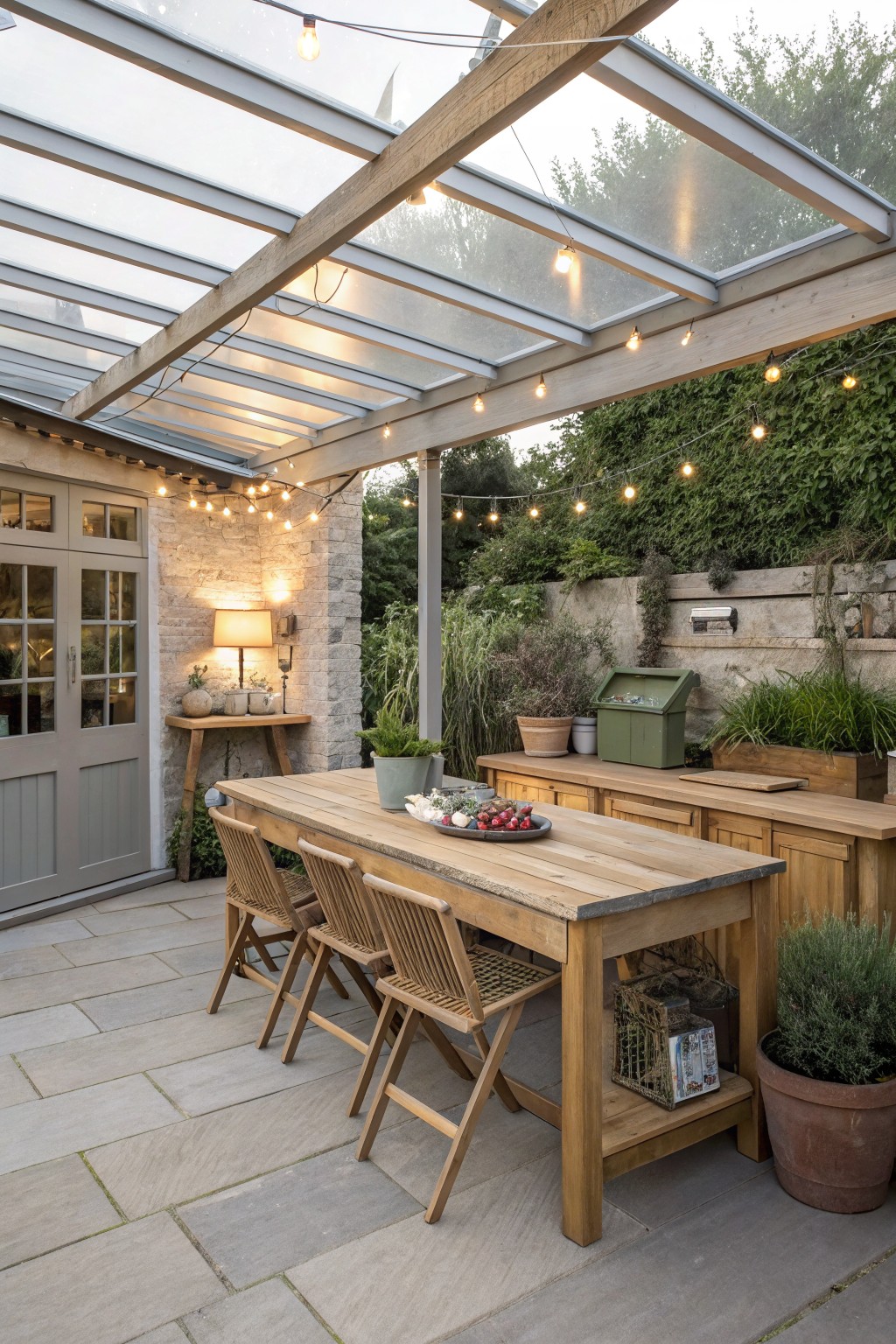 A wooden pergola with a translucent roof over a long dining table, wooden chairs, and string lights strung along the beams.