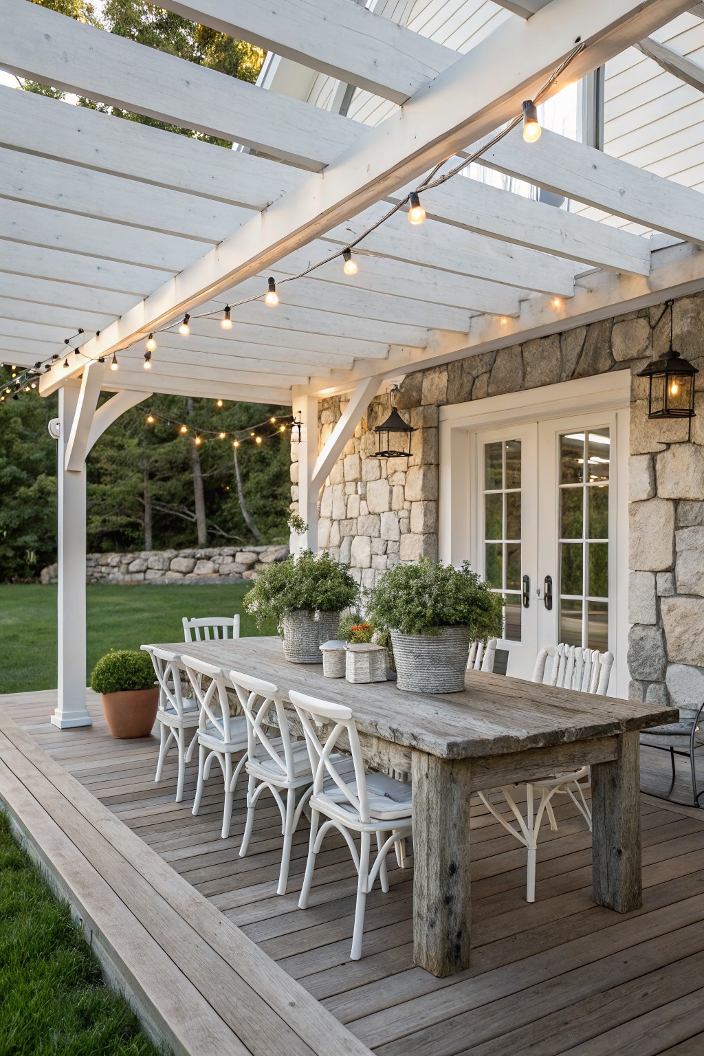 A white wooden pergola with string lights spans a deck dining area featuring a rustic table, white chairs, and potted plants next to a stone house.