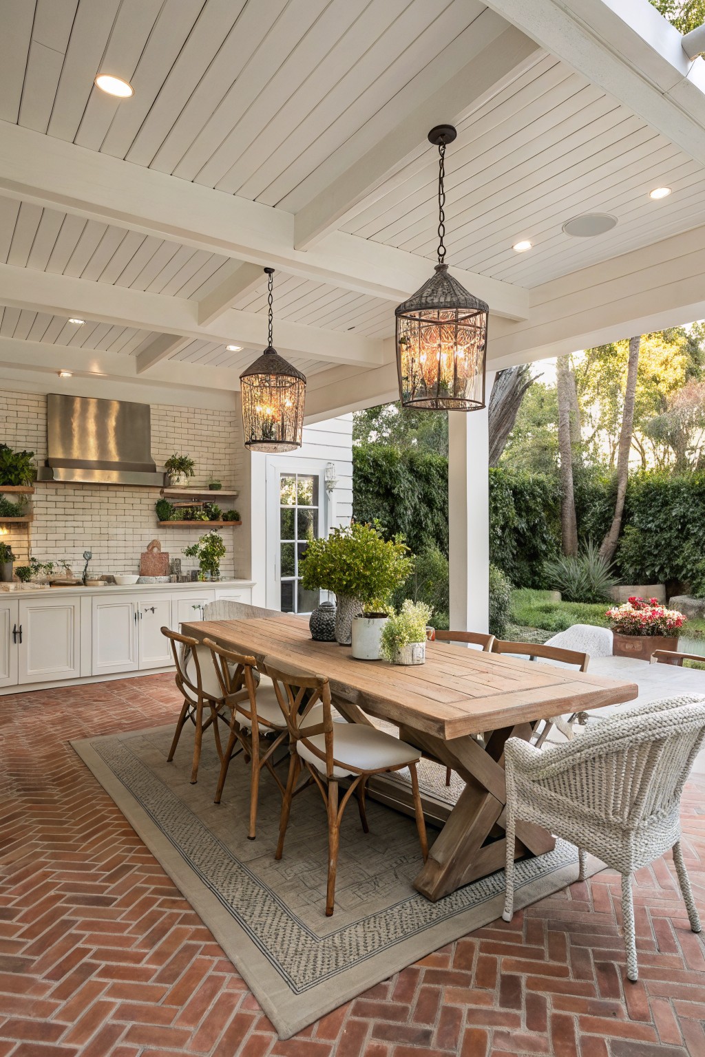 A covered patio shows a long wooden dining table on a patterned rug with mixed chairs, hanging metal lanterns above, and an outdoor kitchen along the back wall.