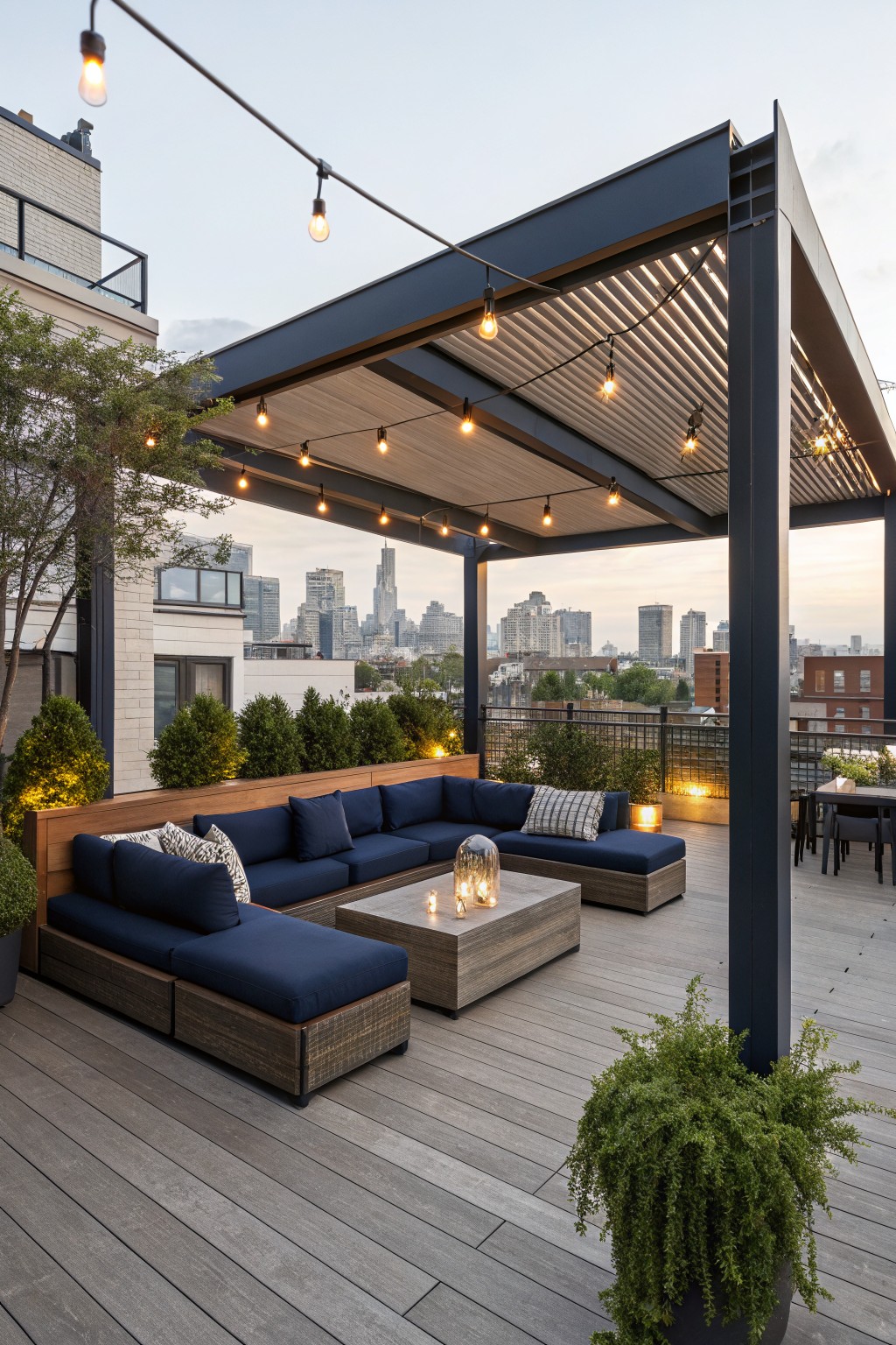 A modern rooftop patio featuring a dark metal covered structure with string lights, a blue sectional sofa, and a wooden coffee table overlooking a city skyline.