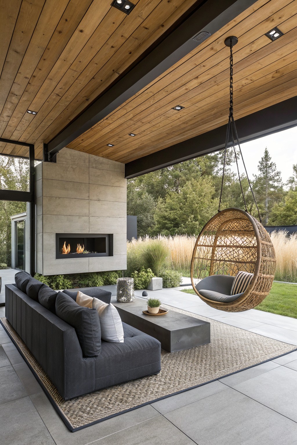 A covered outdoor patio featuring a concrete fireplace wall, dark sectional sofa, concrete coffee table, and hanging woven chair on a large rug, with trees visible beyond the open side.