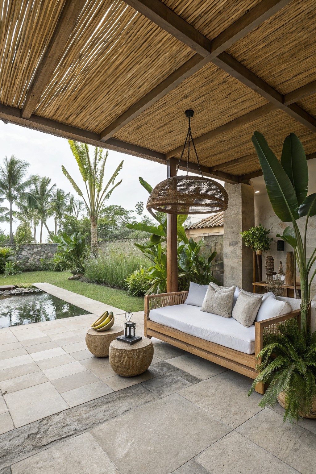 A covered outdoor patio with a wooden sofa, woven pendant light, reed ceiling, and stone floor next to a pool and garden.