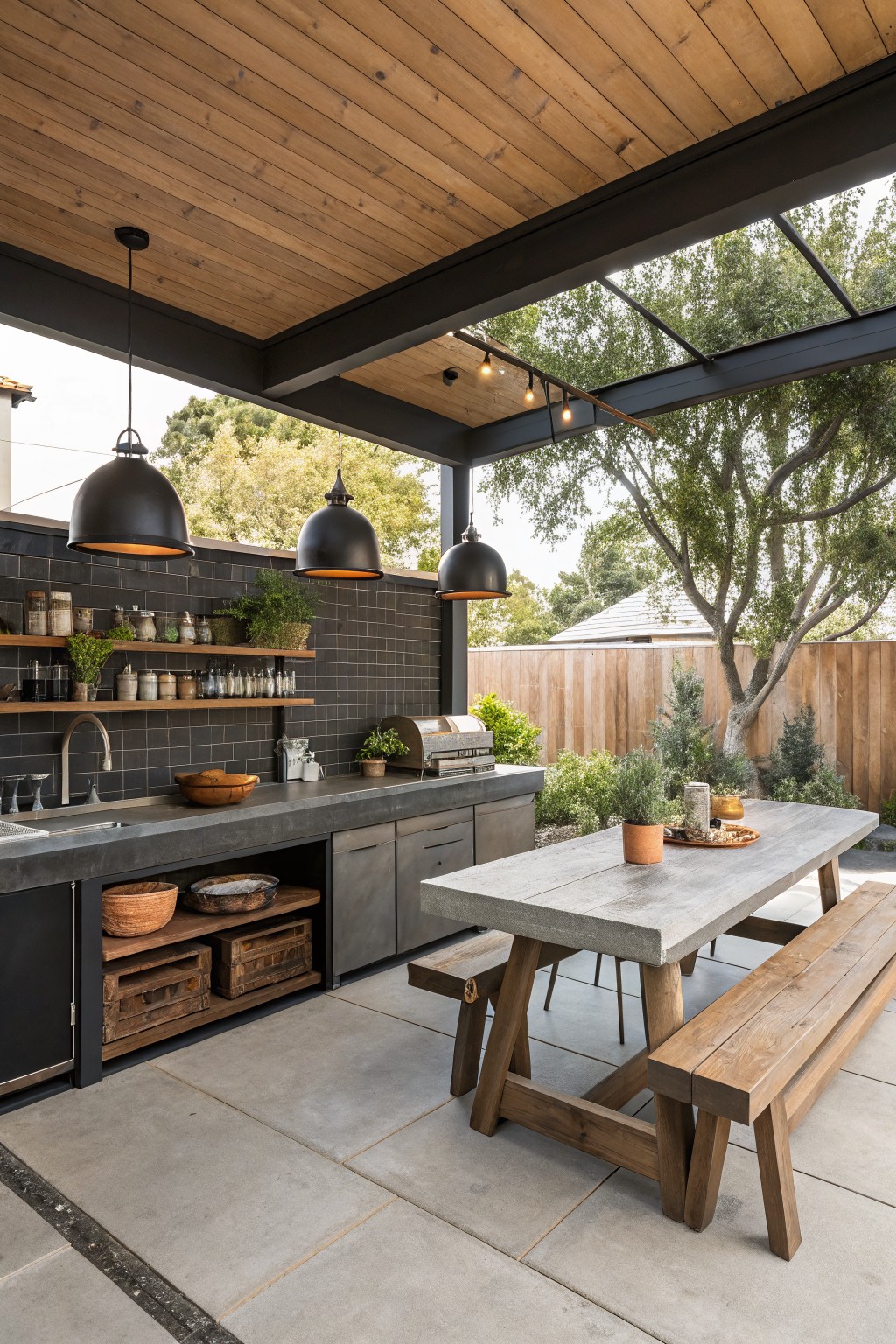 Modern outdoor kitchen with concrete counters, wooden table, benches, and pendant lights