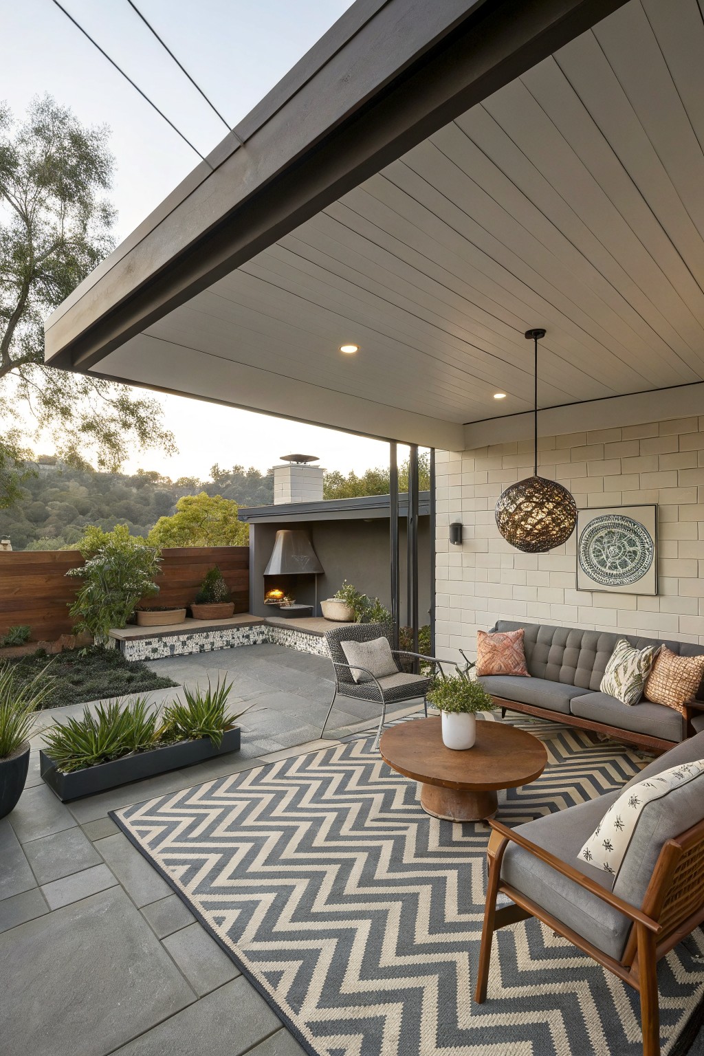 A covered patio with a built-in outdoor fireplace, gray upholstered sofa, wooden coffee table, patterned rug, and woven pendant light against a white brick wall.
