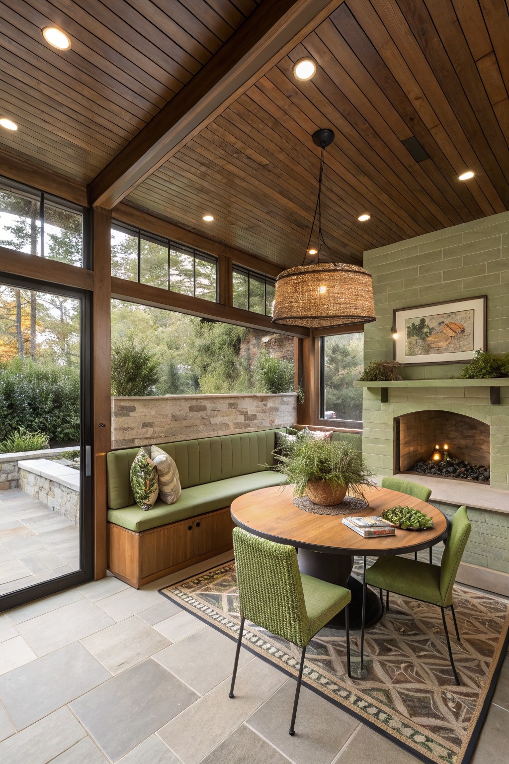 A covered patio with a round wooden dining table, green upholstered chairs, a long built-in bench with cushions along the left wall, and a stone fireplace on the right.