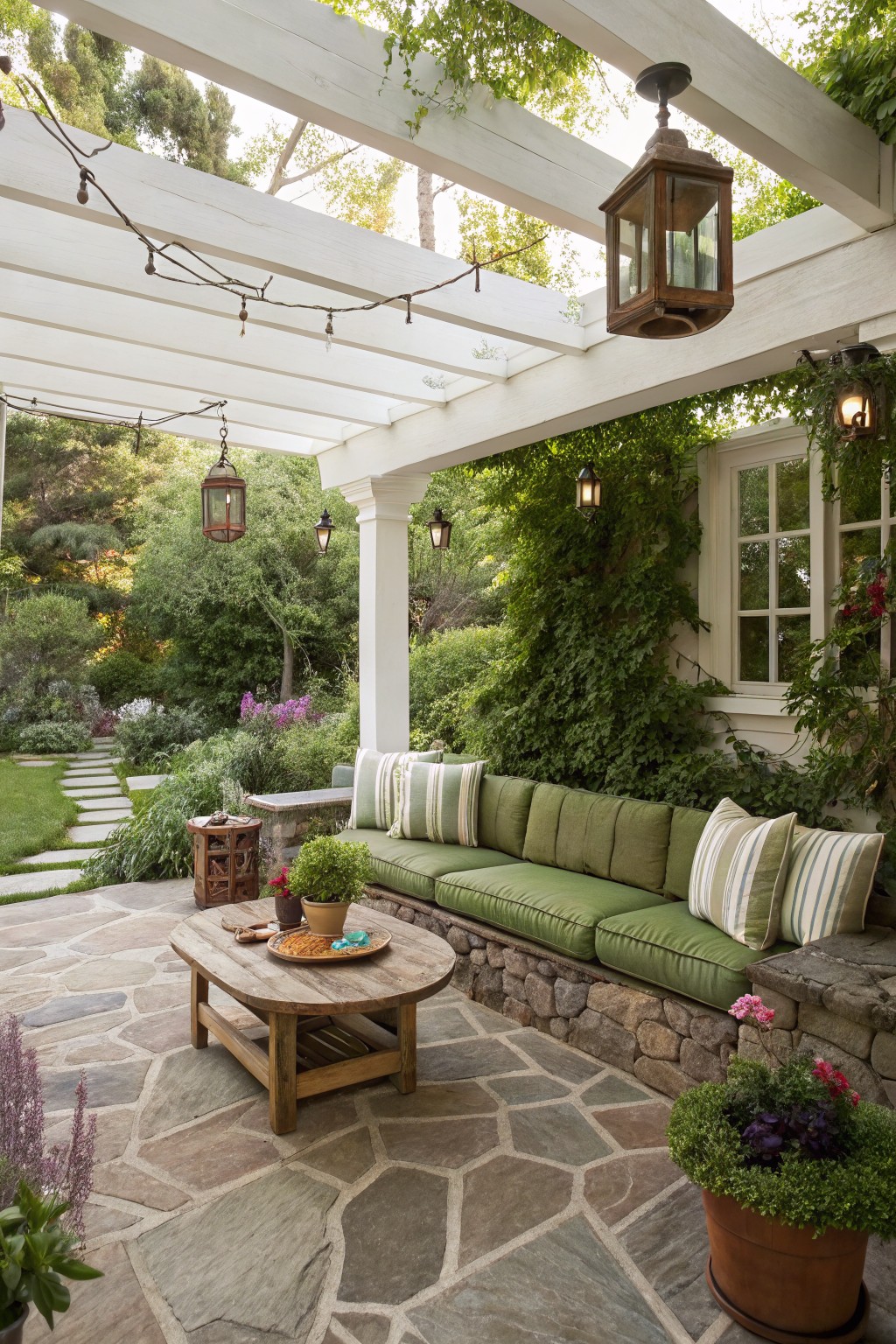 A covered patio features a long built-in bench with green cushions along a stone wall, a wooden coffee table in front, and several lanterns hanging from a white pergola overhead.