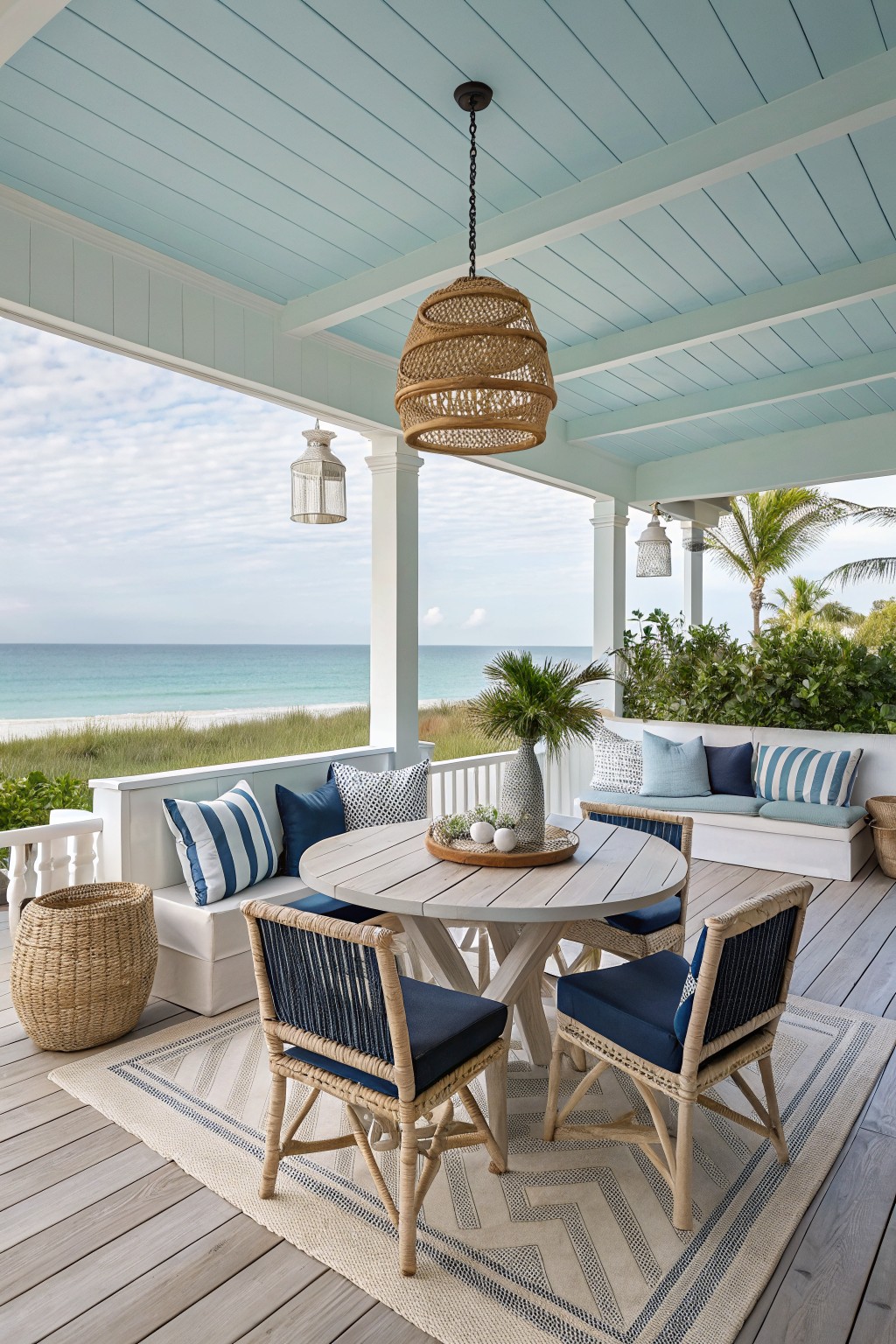 A covered coastal porch with a round table, woven chairs, and a large hanging woven pendant light above the table, plus built-in benches with blue cushions.