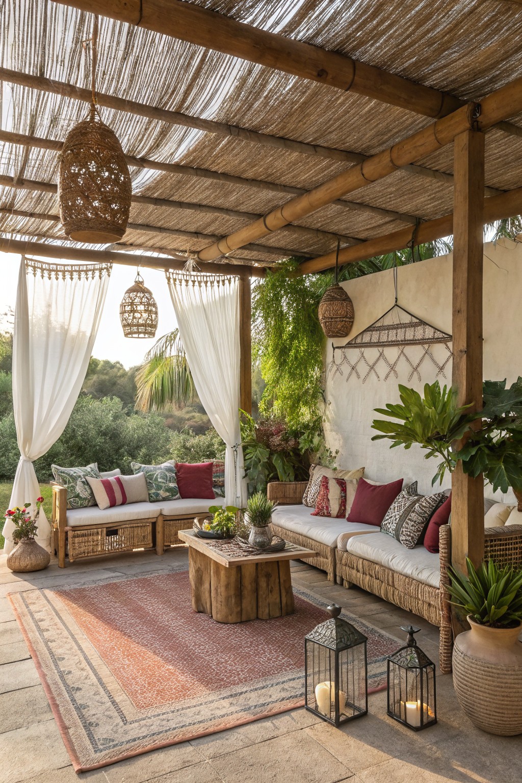 A covered patio with a thatched roof on bamboo poles, built-in seating with cushions, a wooden coffee table, patterned rug, and hanging lanterns.