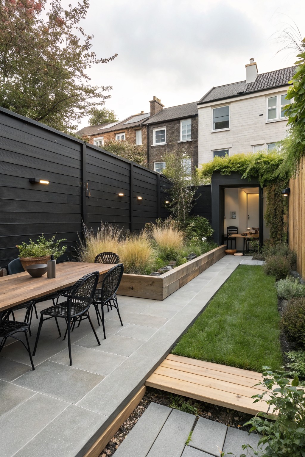 A backyard patio with a long wooden dining table, black woven chairs, a tall black fence along one side, a raised wooden planter with tall grasses, and a strip of lawn.