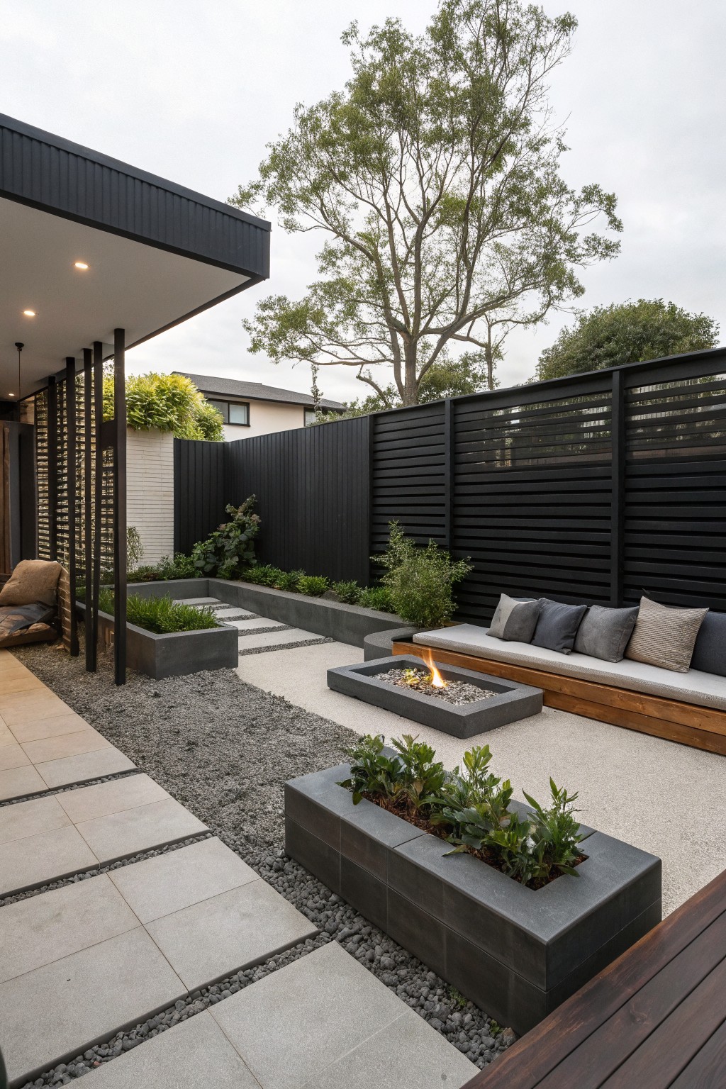 A modern backyard with a black horizontal slat fence along one side, a concrete fire pit, built-in bench seating, gravel paths, and rectangular concrete planters.