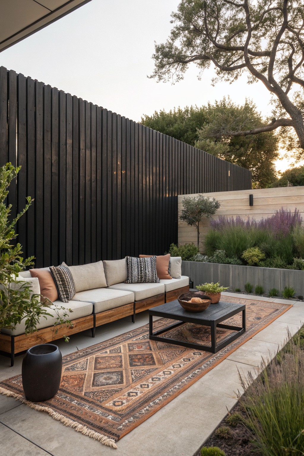 An outdoor patio with a long sofa set against a tall black wood slat wall, a patterned rug, and a black coffee table.