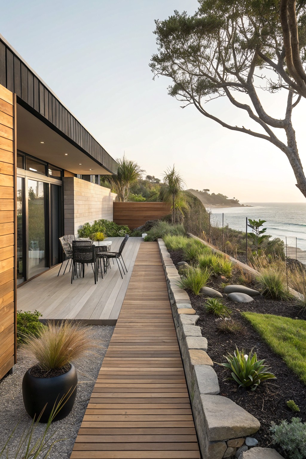 A modern house deck with outdoor seating connects to a long wooden path lined with stone-edged garden beds and overlooks the ocean.