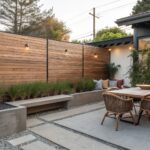 Modern backyard patio with tall horizontal wood slat privacy walls, concrete fire pit, outdoor dining table, and woven chairs on a paved surface.