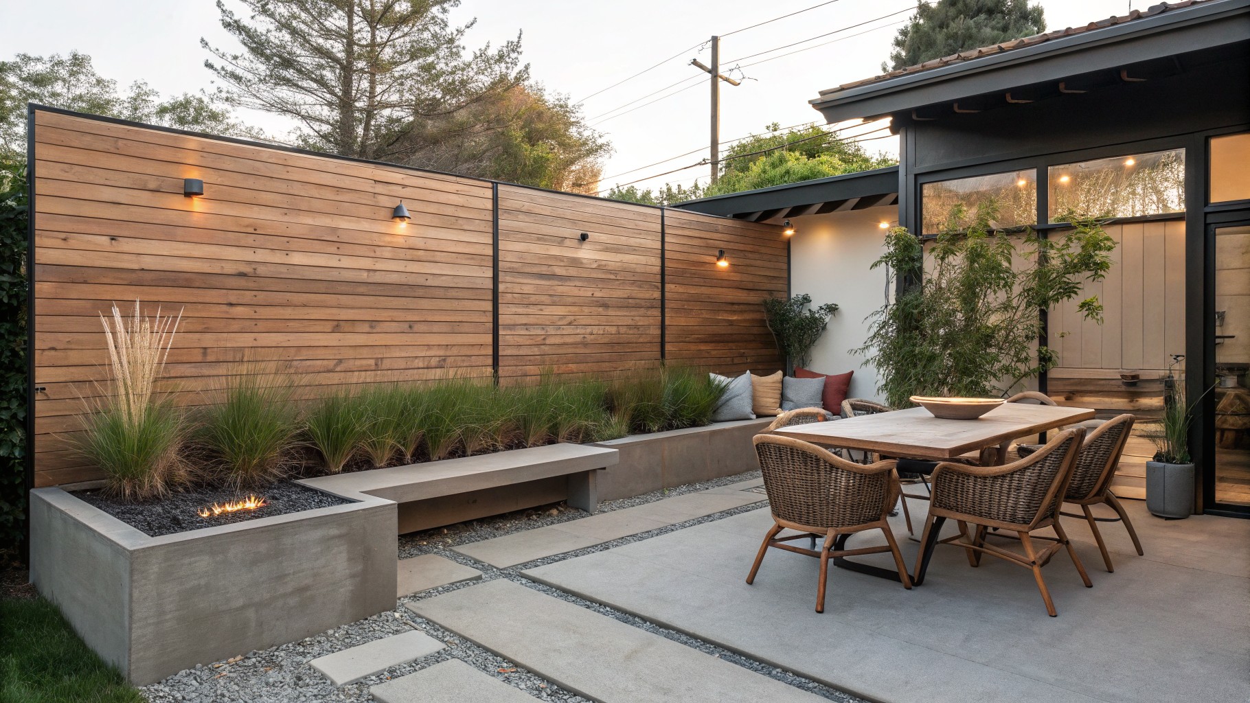 Modern backyard patio with tall horizontal wood slat privacy walls, concrete fire pit, outdoor dining table, and woven chairs on a paved surface.