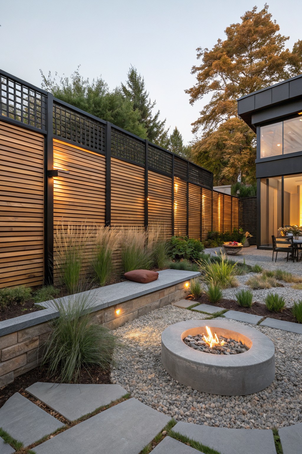 A modern backyard featuring a horizontal wood slat privacy fence with black framing, a concrete fire pit on gravel, stone pavers, and minimal plantings beside a house with large windows.