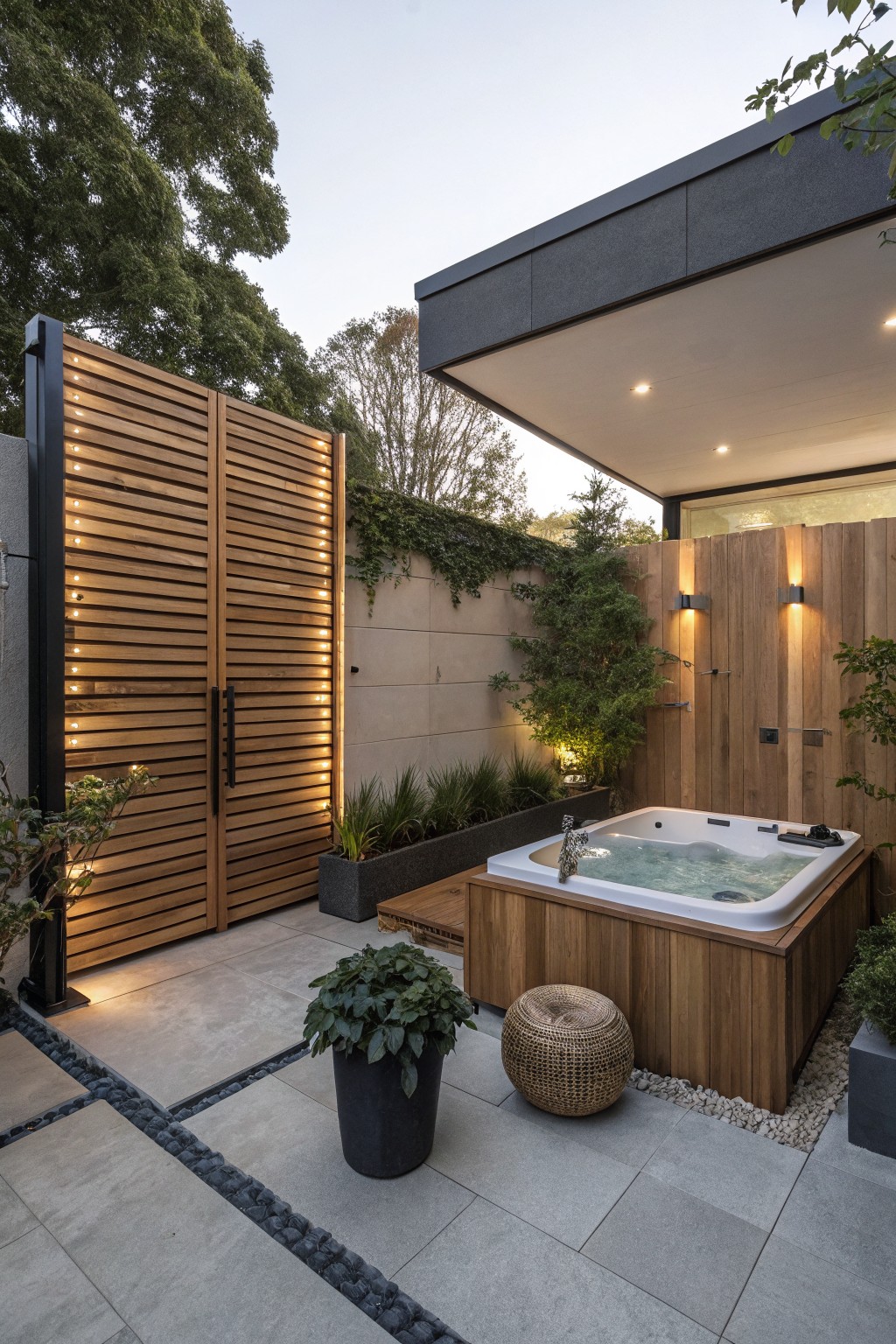 A modern backyard with a hot tub enclosed by wood paneling and a tall horizontal wood slat privacy screen with built-in lighting on a black frame.