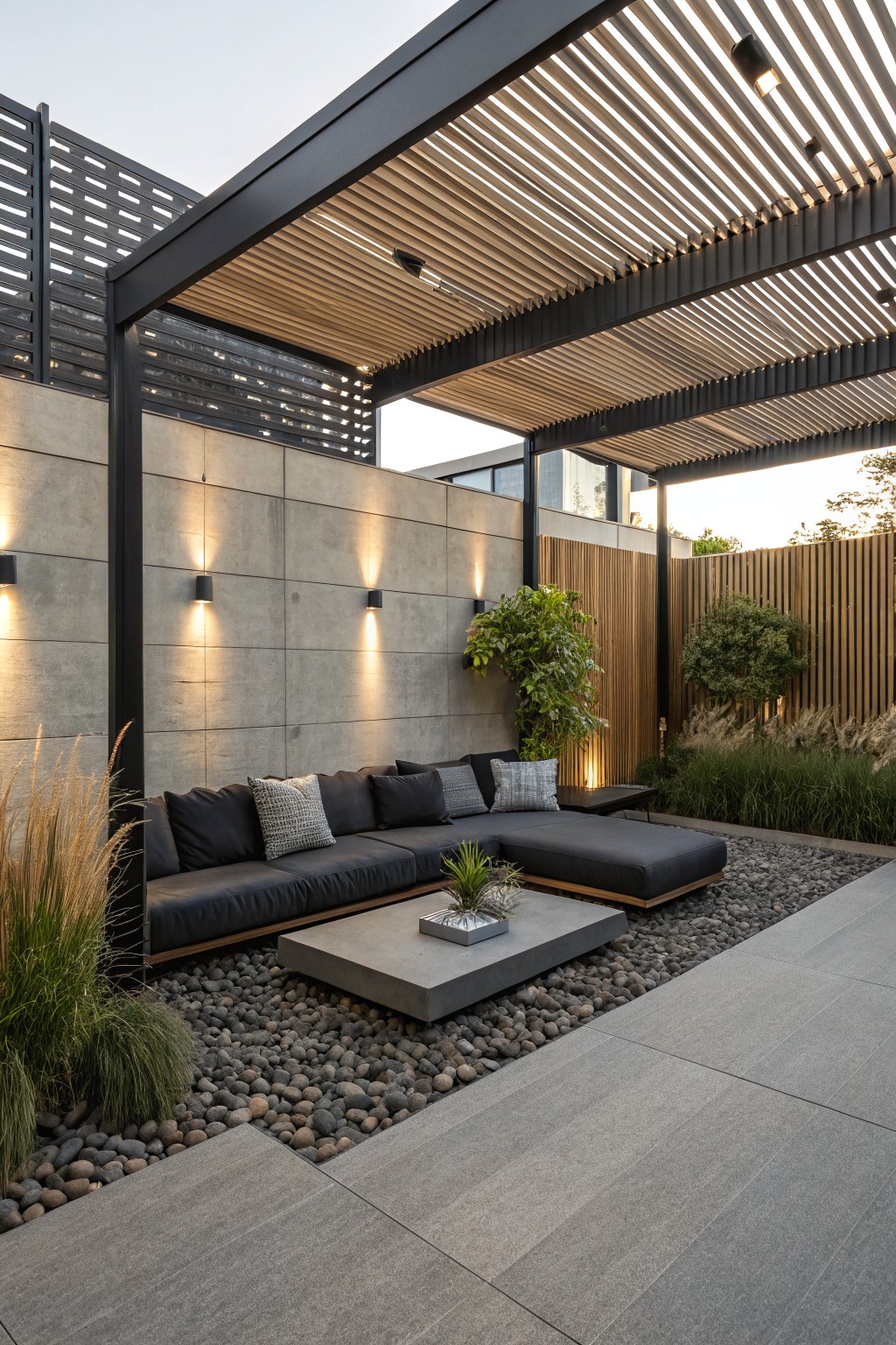 Modern outdoor seating area with dark sectional sofa on pebbles, concrete coffee table, slatted black pergola overhead, concrete wall with sconces, and wood fencing with plants.