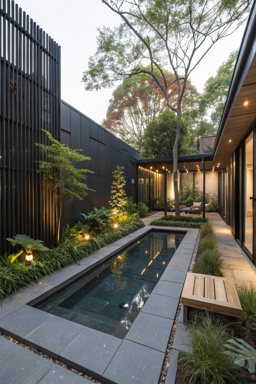 Modern backyard with a narrow pool bordered by gray stone paving, a tall black vertical slat fence on the left, and simple green plants along the base.