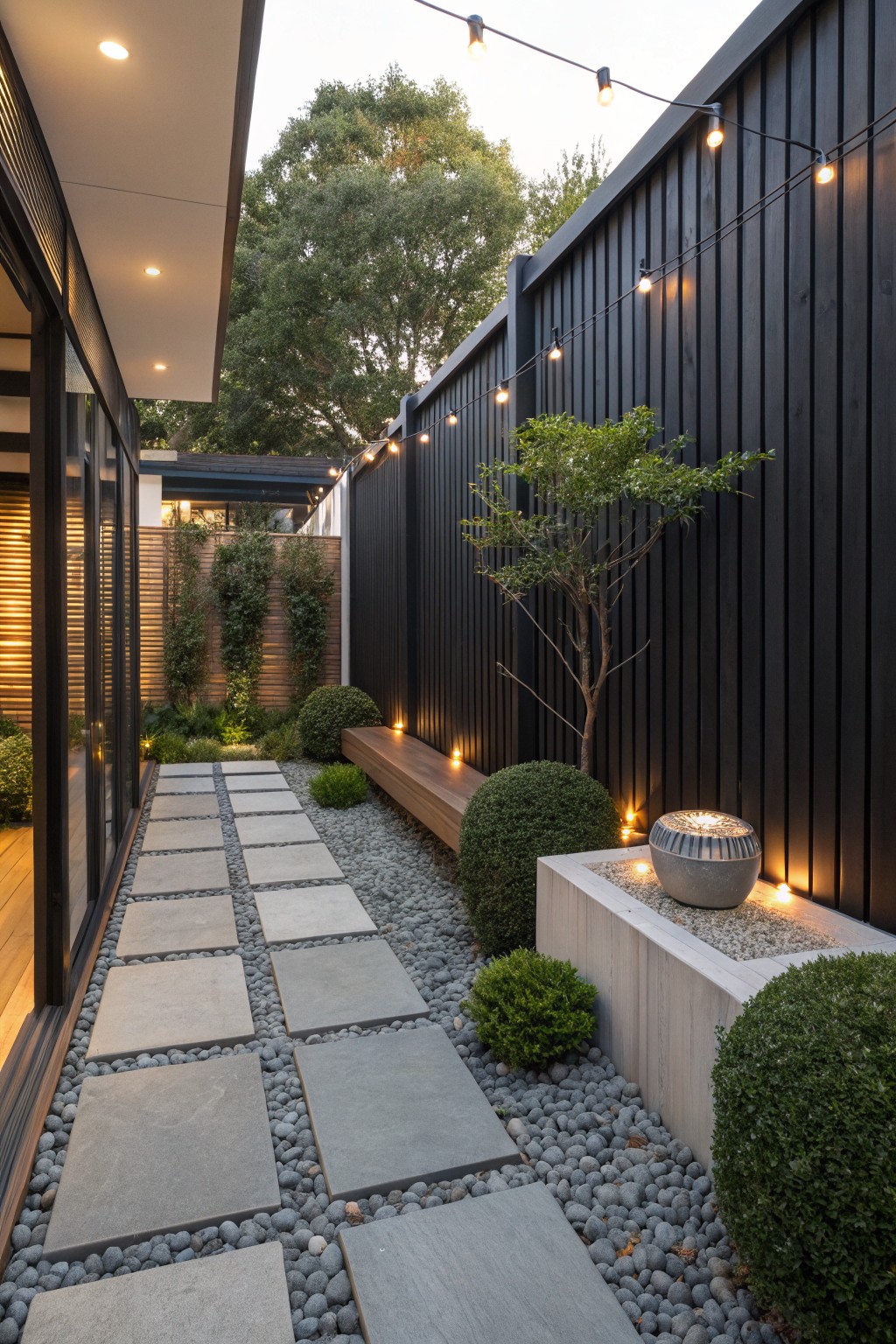 A narrow backyard path with gray stepping stones on gravel, bordered by a tall black vertical slat fence, green shrubs, a small tree, a wooden bench, and string lights.