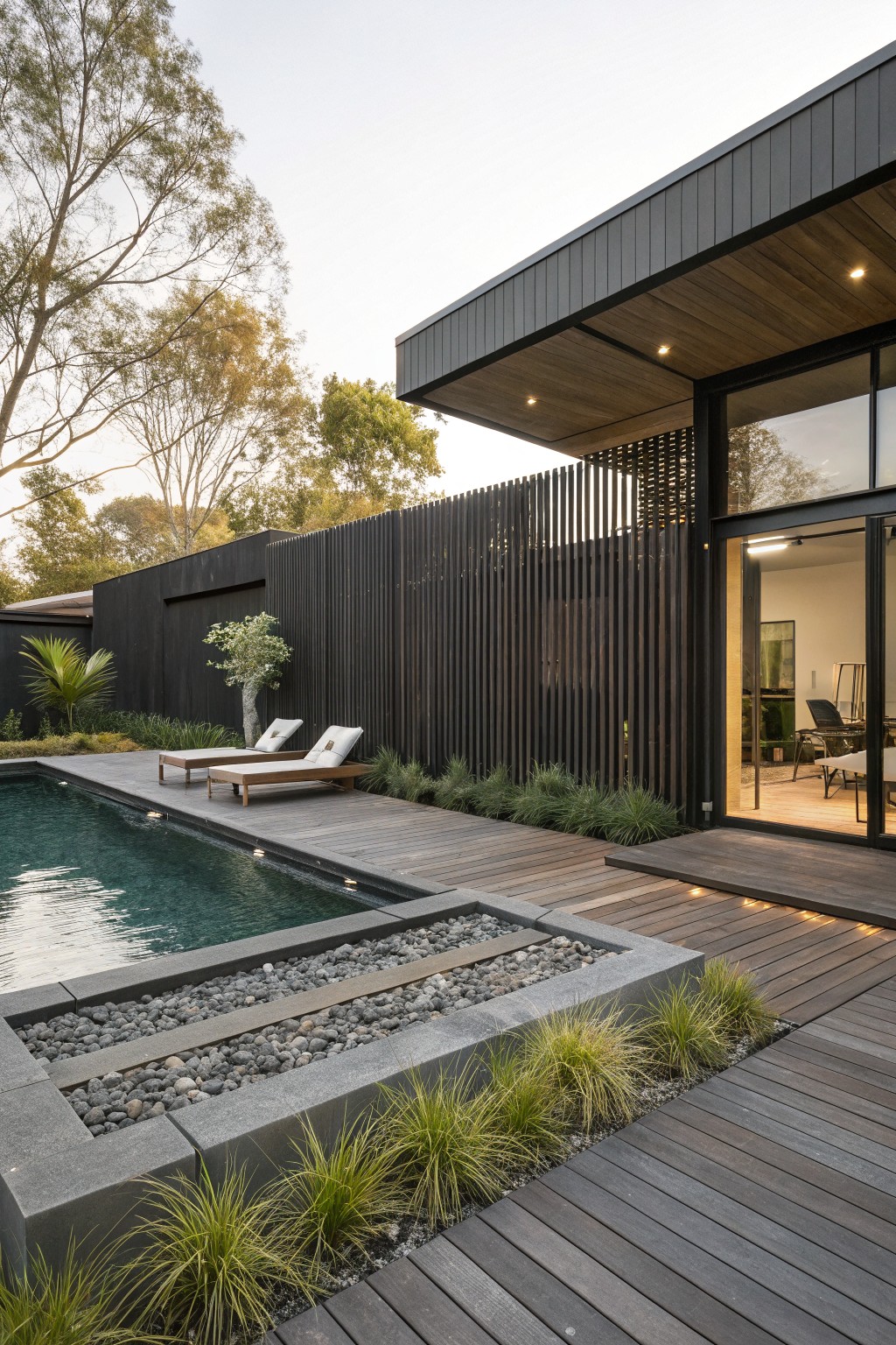 Modern black home with pool, wooden deck, lounge chairs, and slatted fence
