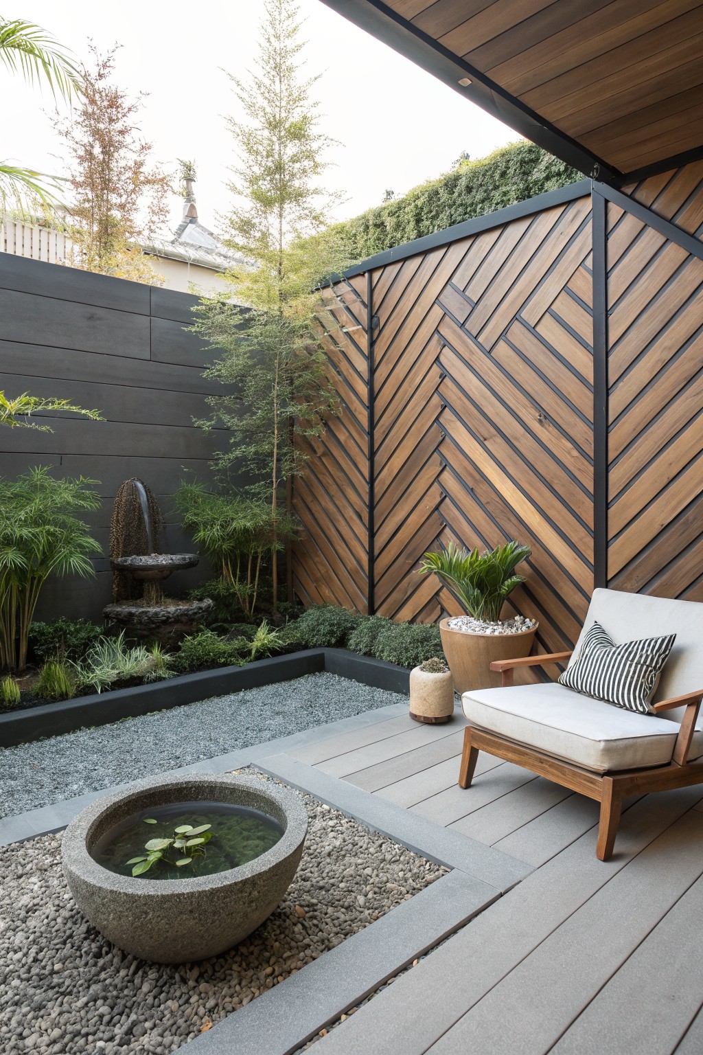 A modern backyard patio featuring a herringbone wood slat wall with black framing, a cushioned armchair, gravel ground cover, and a large stone water basin.