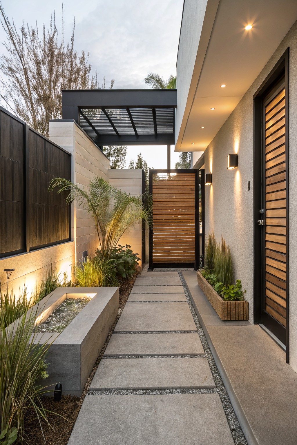 A narrow concrete paver walkway bordered by planted beds leads to a wood slat gate, with a wood slat door on the right and black-framed structures on both sides.