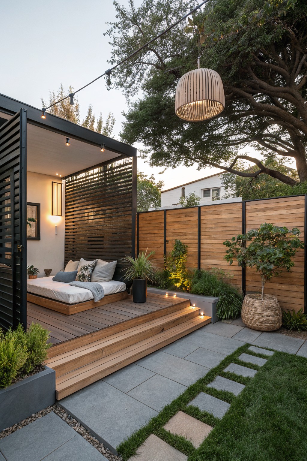 A modern backyard deck with a built-in daybed, vertical wood slat screen walls, horizontal wood fencing, potted plants, string lights, and a stone pathway leading through grass.