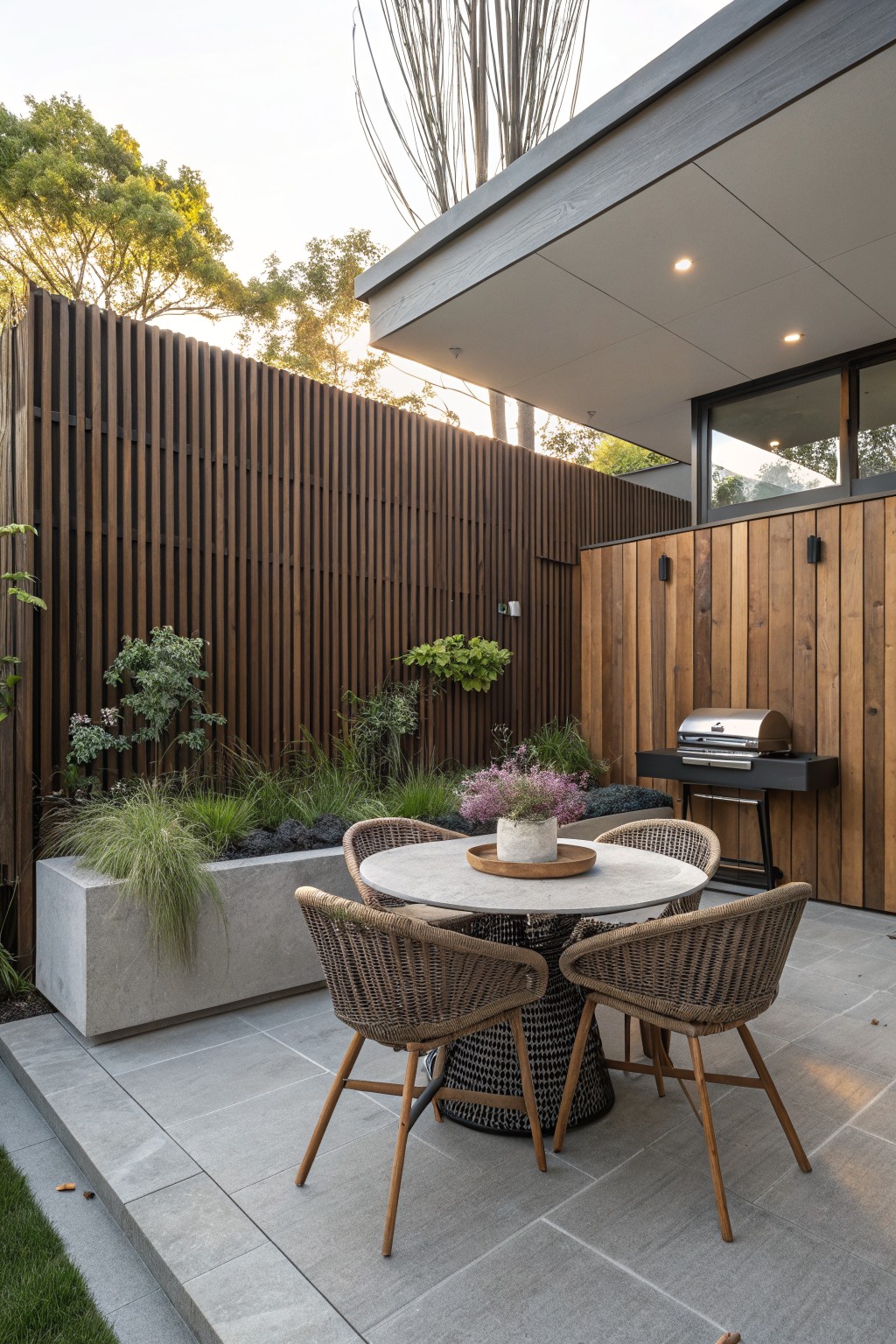 An outdoor patio with a round concrete table, four woven chairs, a built-in grill on the right, and a tall vertical wood slat fence with integrated planters along the back.