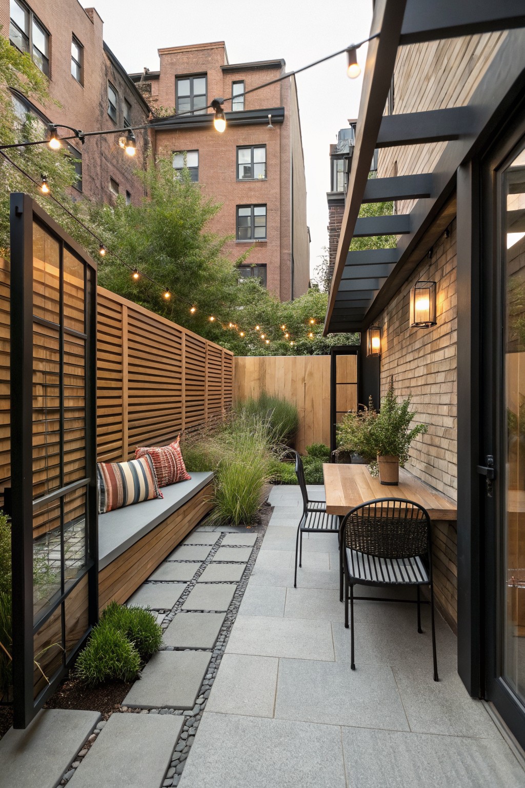 Narrow urban backyard patio with wood slat privacy screen on the left, black metal frame, built-in bench with cushions, small dining table with chairs, and string lights overhead.