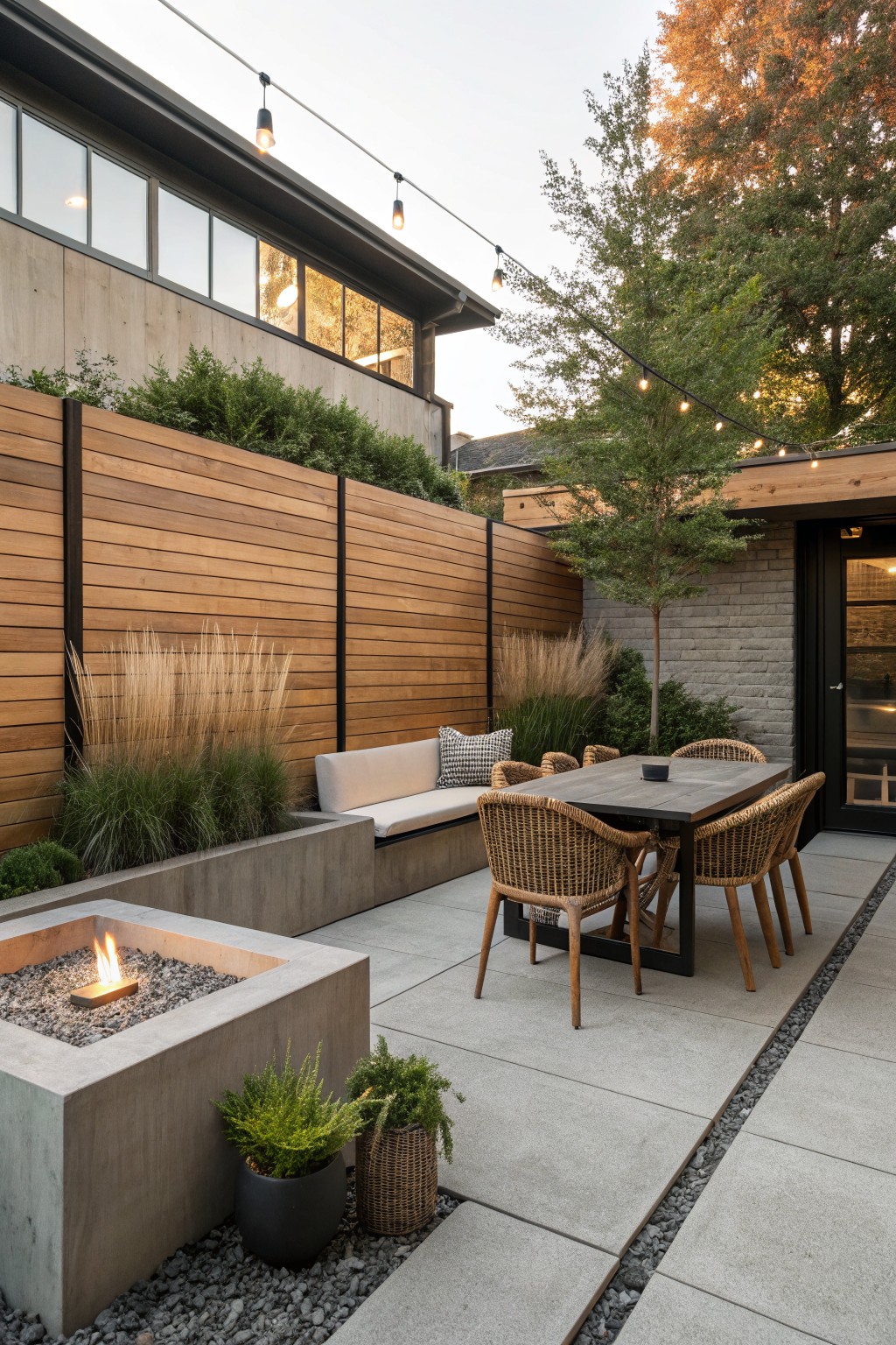 Modern backyard patio with tall horizontal wood slat privacy walls, concrete fire pit, outdoor dining table, and woven chairs on a paved surface.