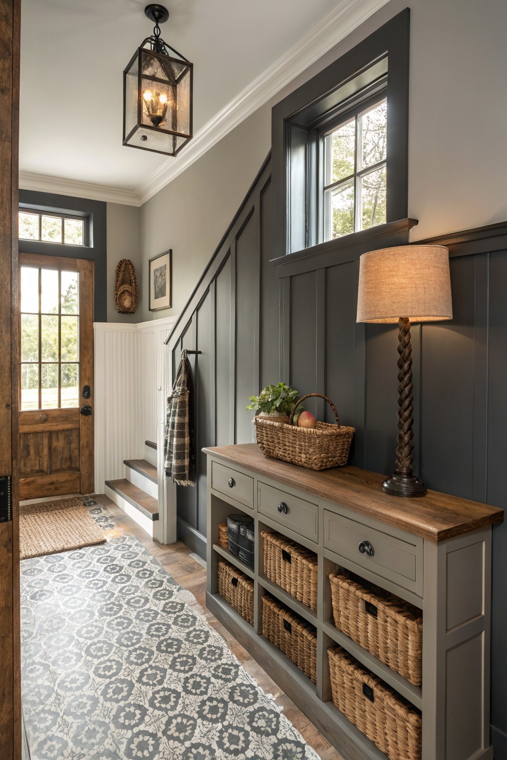 A hallway painted in deep charcoal gray with white trim and a wooden console.