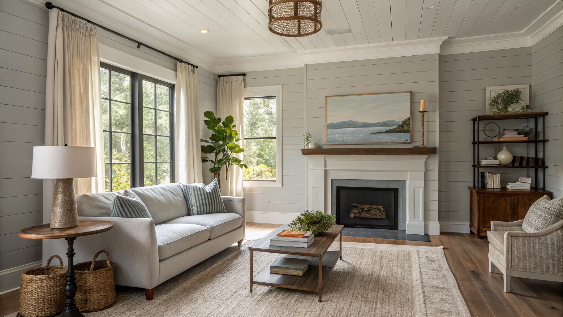 Cozy living room with cream sofa, stone fireplace, potted tree, and jute rug.