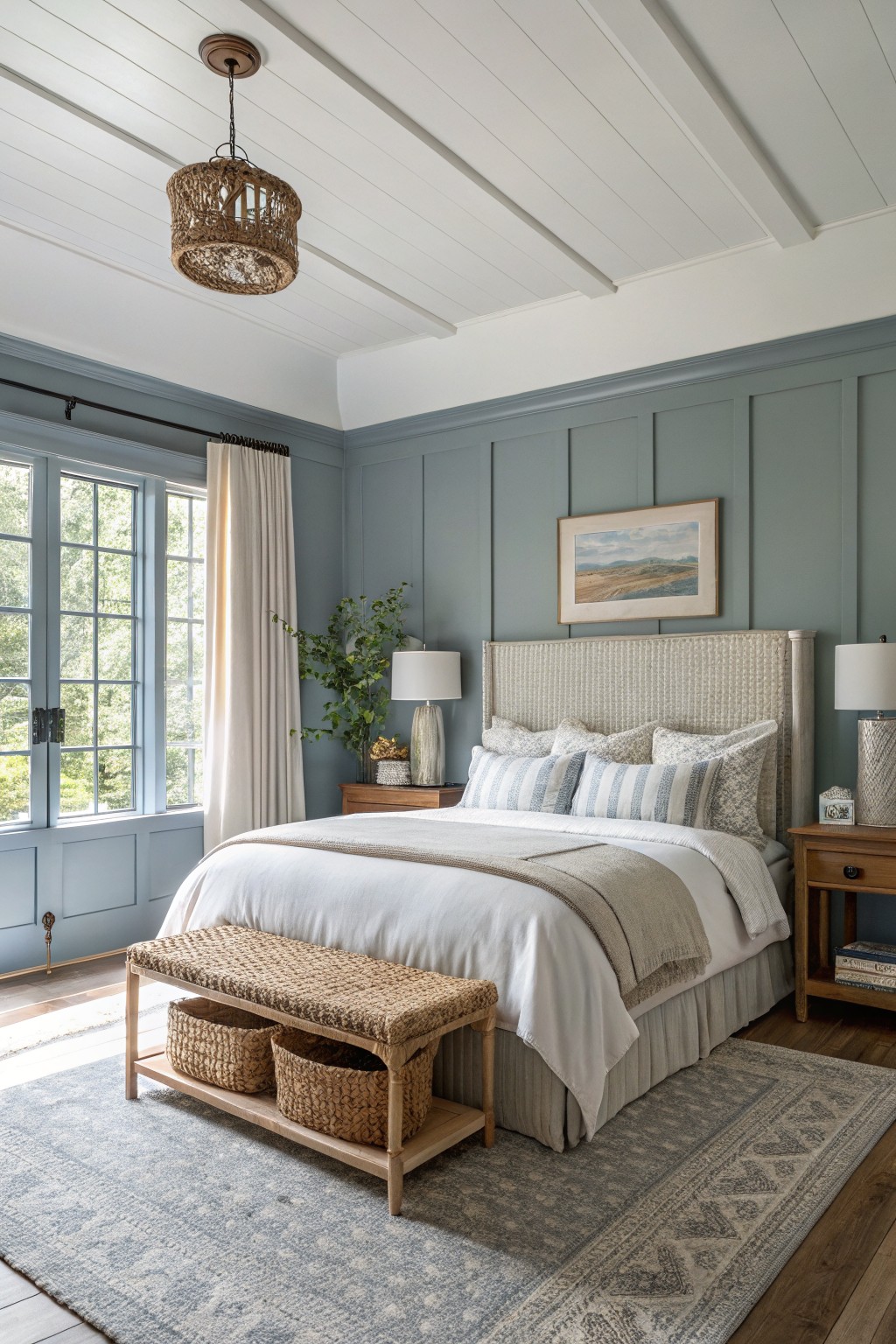 Bedroom walls painted in a soft blue gray with white ceiling and wood floor.